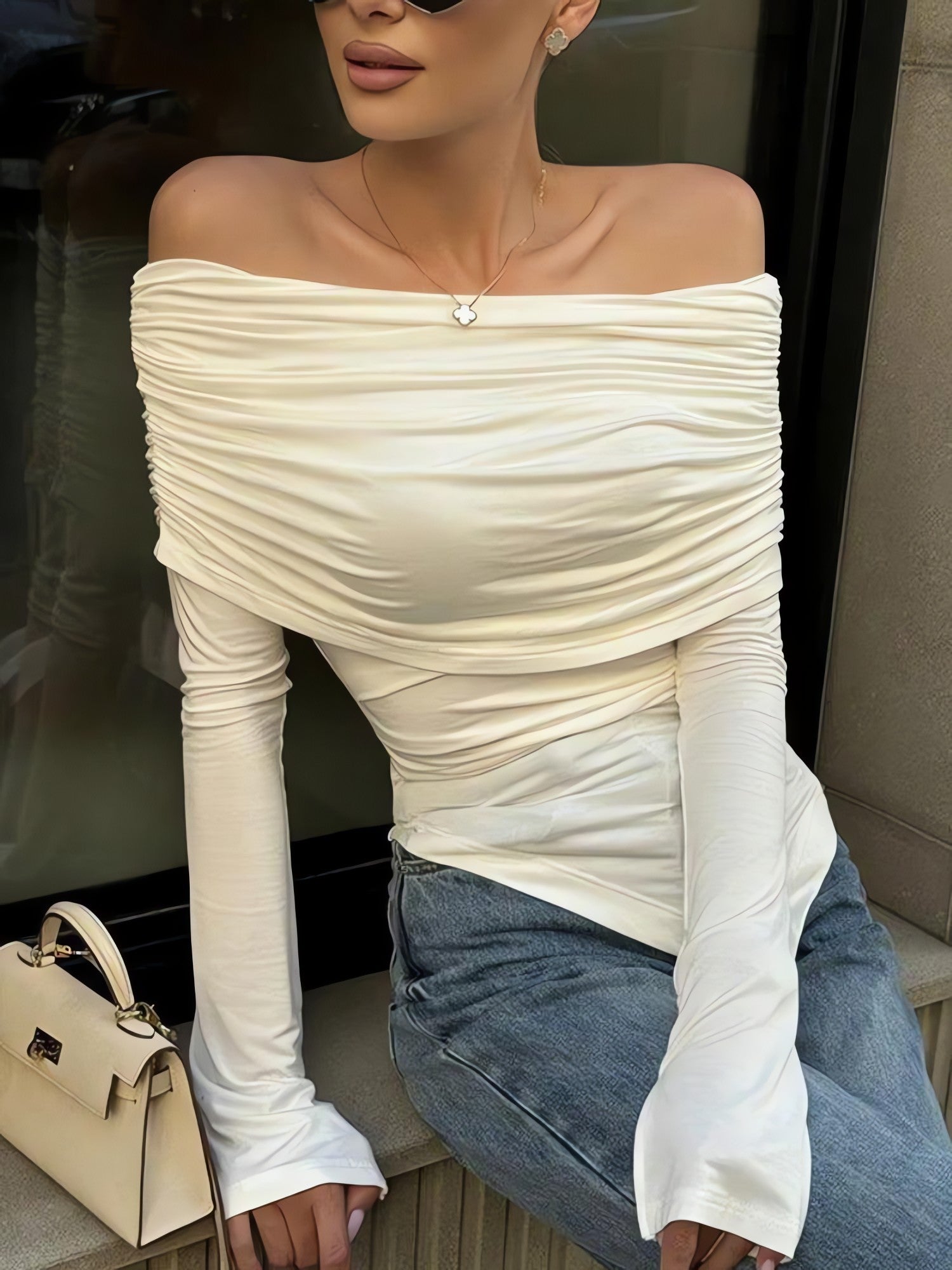 Asymmetric Ruched Off Shoulder Top - KAYSMAR