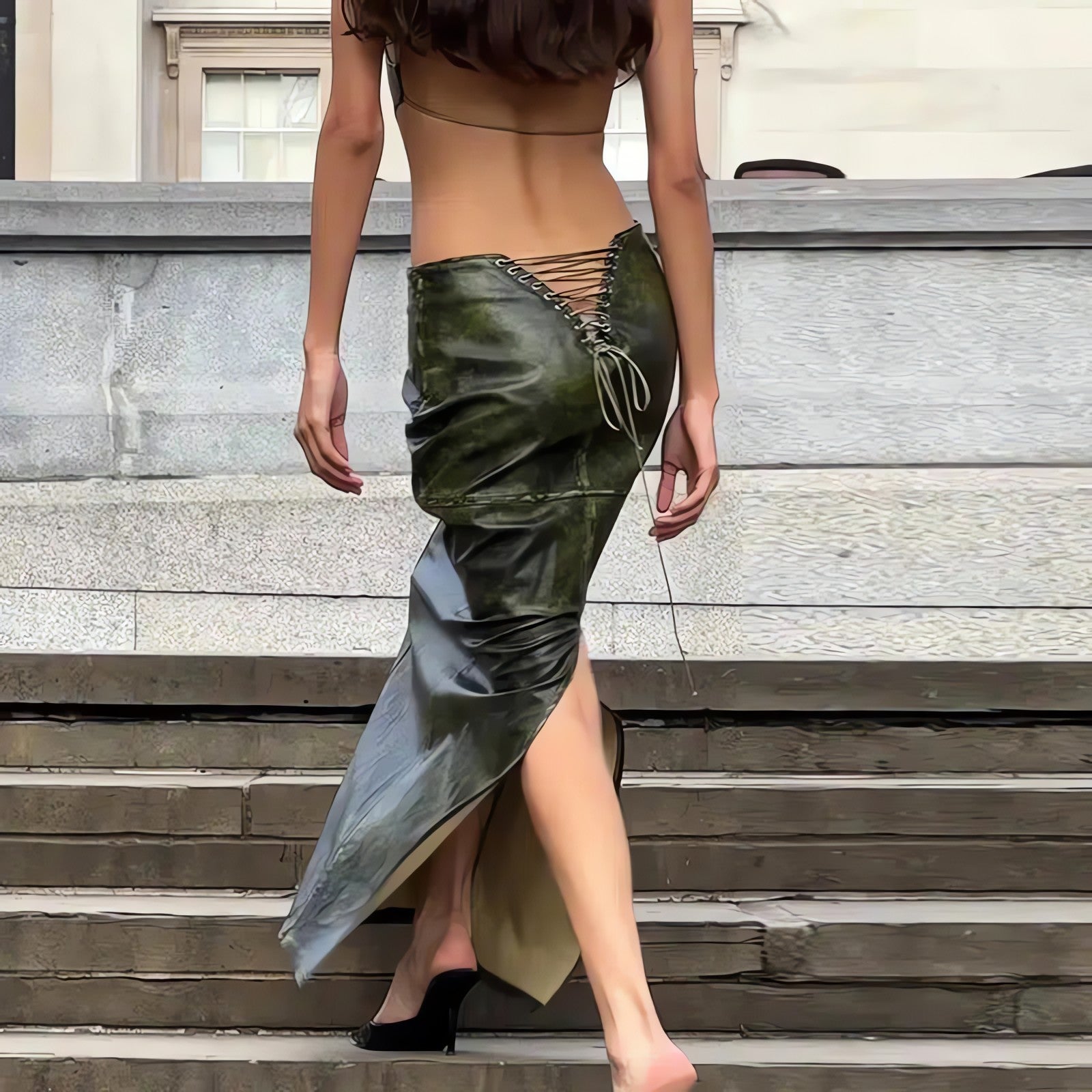 Baddie Leaf Lace Up Split Maxi Skirt - KAYSMAR