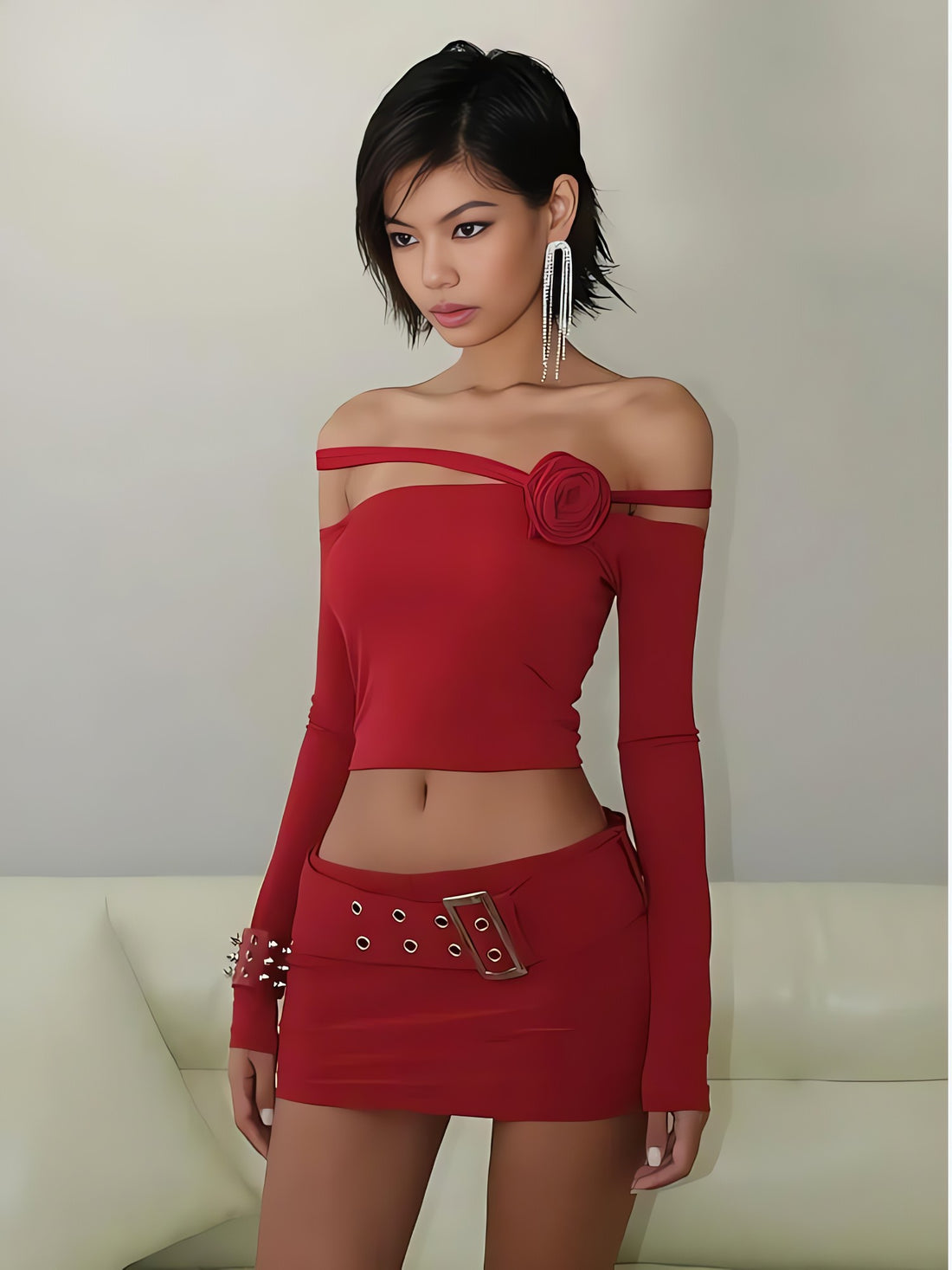 Baddie Rose Asymmetric Off Shoulder Top - KAYSMAR