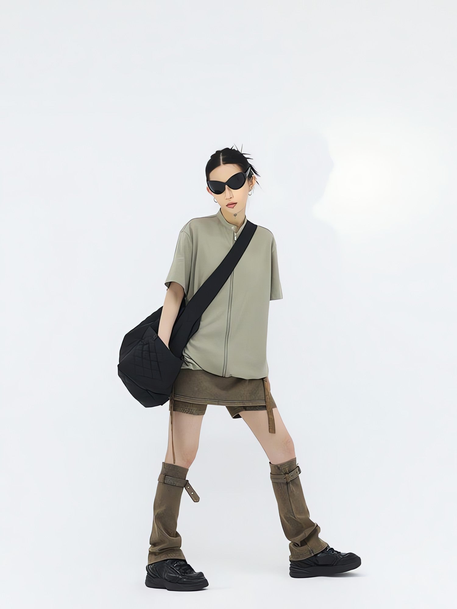 Belt Detail Denim Mini Skort With Leg Warmer - KAYSMAR