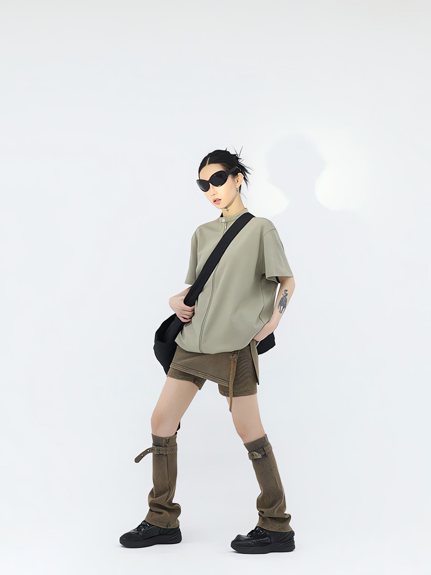 Belt Detail Denim Mini Skort With Leg Warmer - KAYSMAR