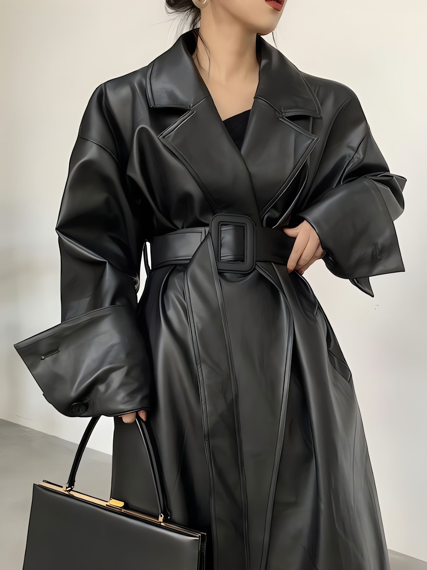 Belted Faux Leather Coat - KAYSMAR