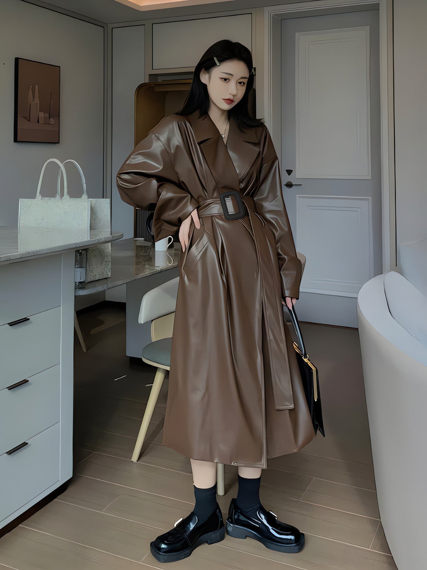 Belted Faux Leather Coat - KAYSMAR