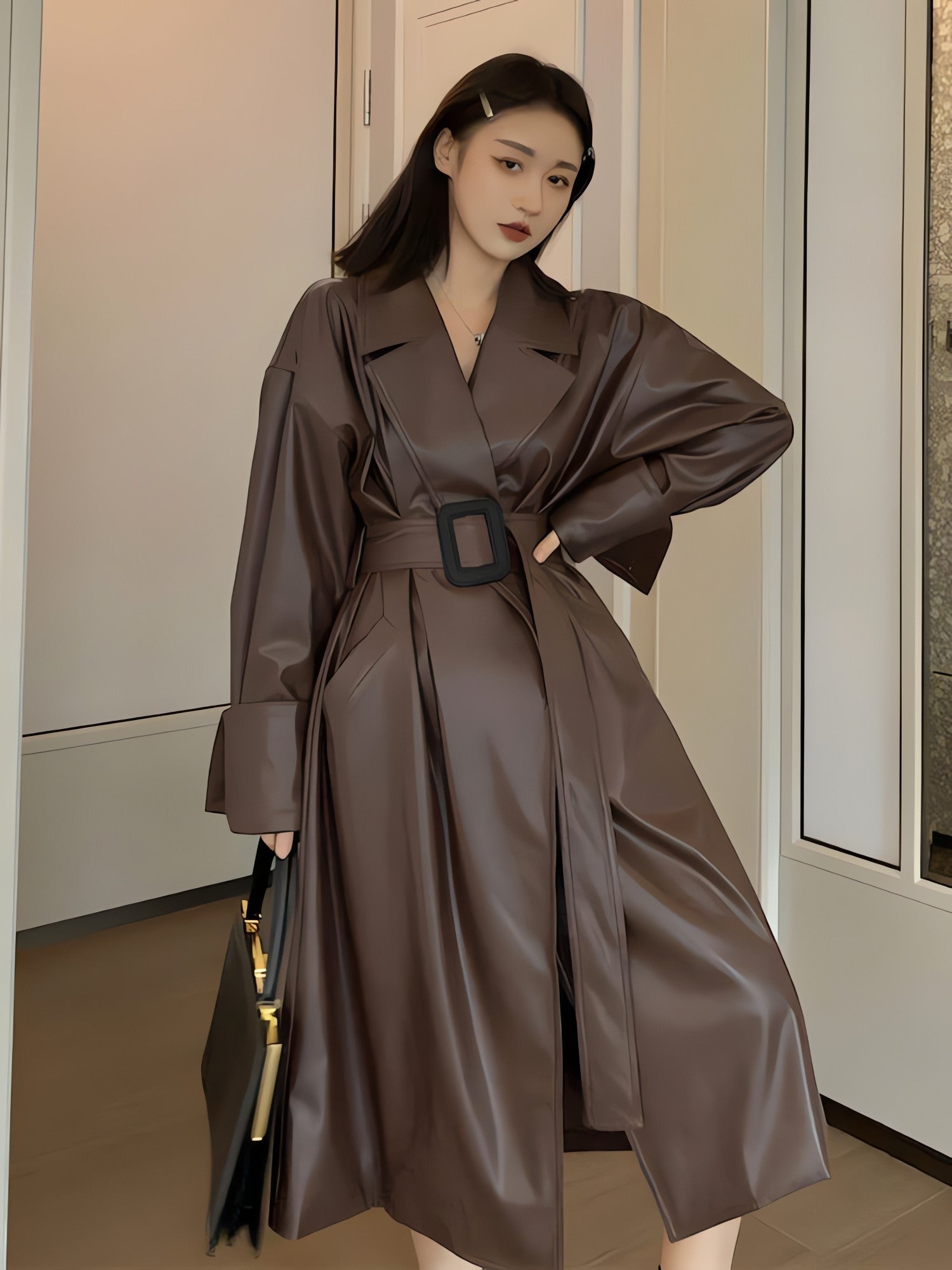 Belted Faux Leather Coat - KAYSMAR