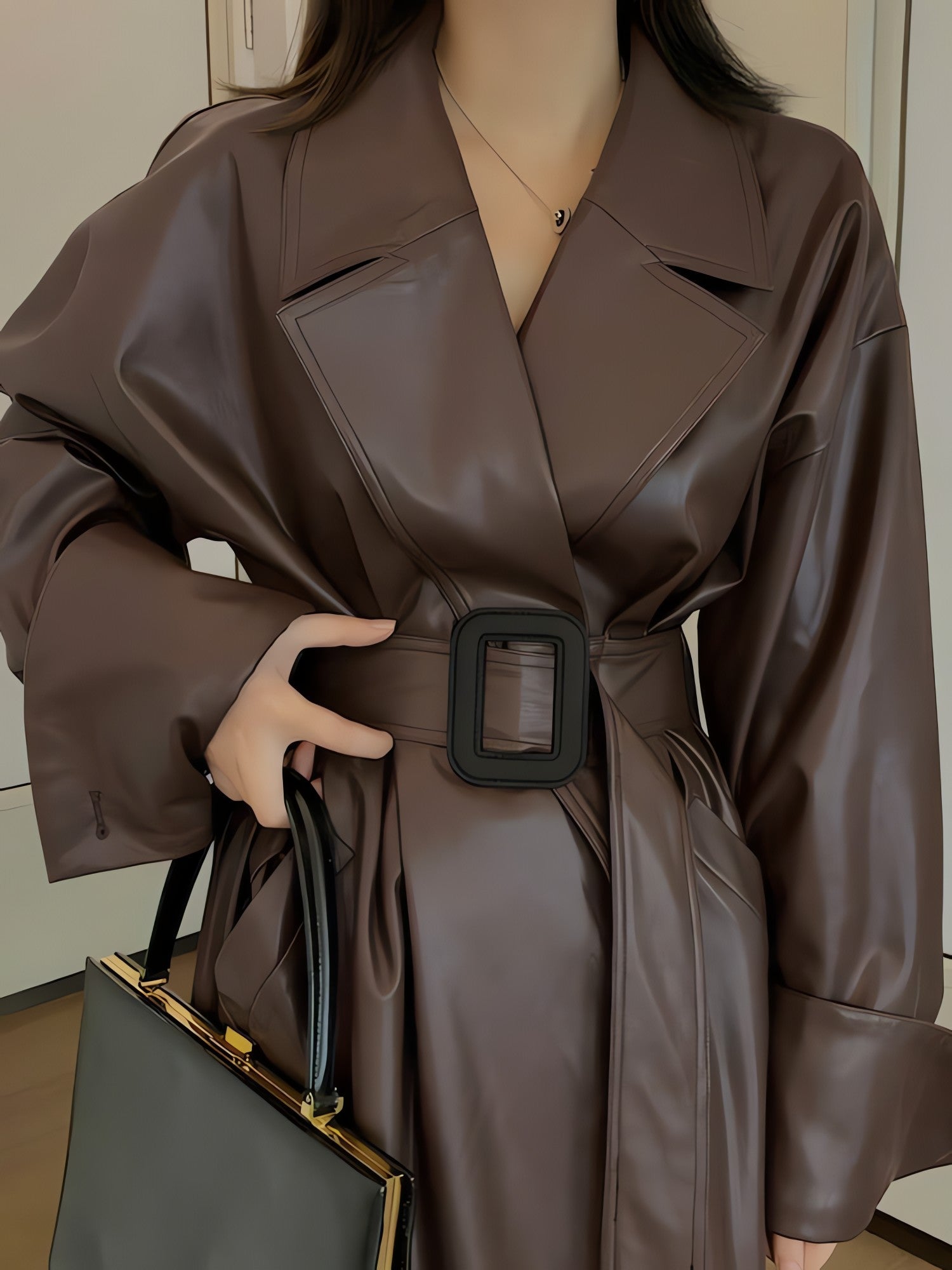 Belted Faux Leather Coat - KAYSMAR