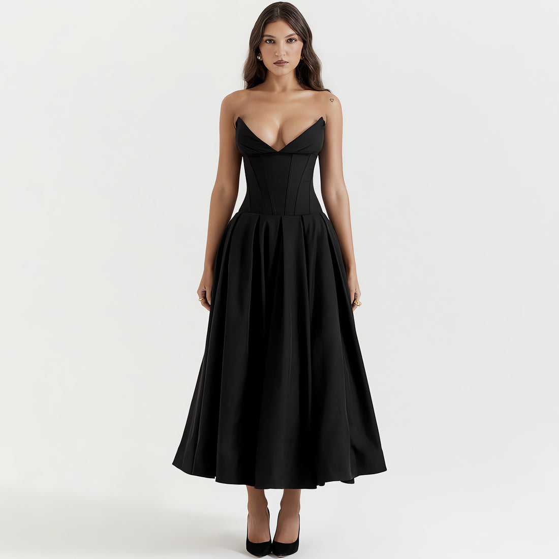 Black Plunge Corset Midi Dress - KAYSMAR