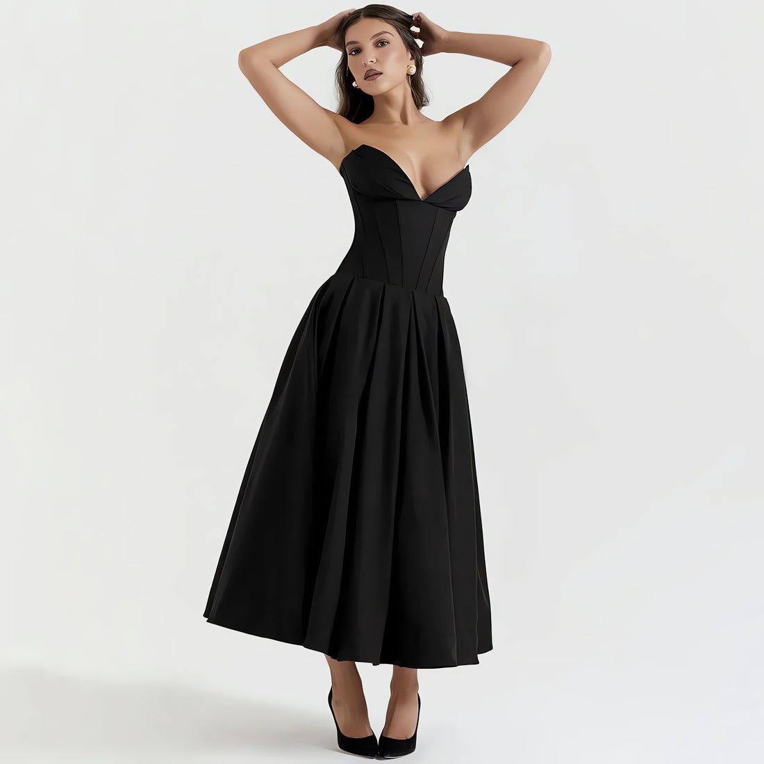Black Plunge Corset Midi Dress - KAYSMAR