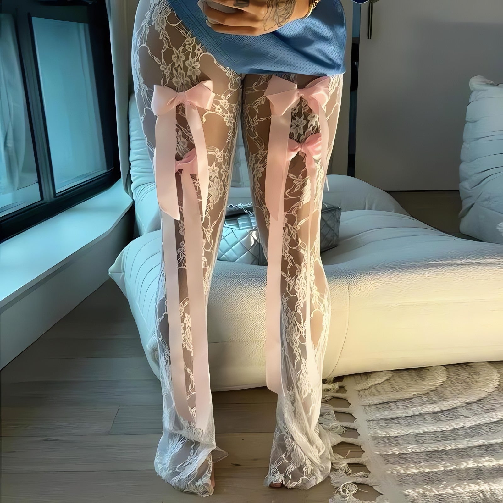 Bow Transparent Lace Flare Pants - KAYSMAR