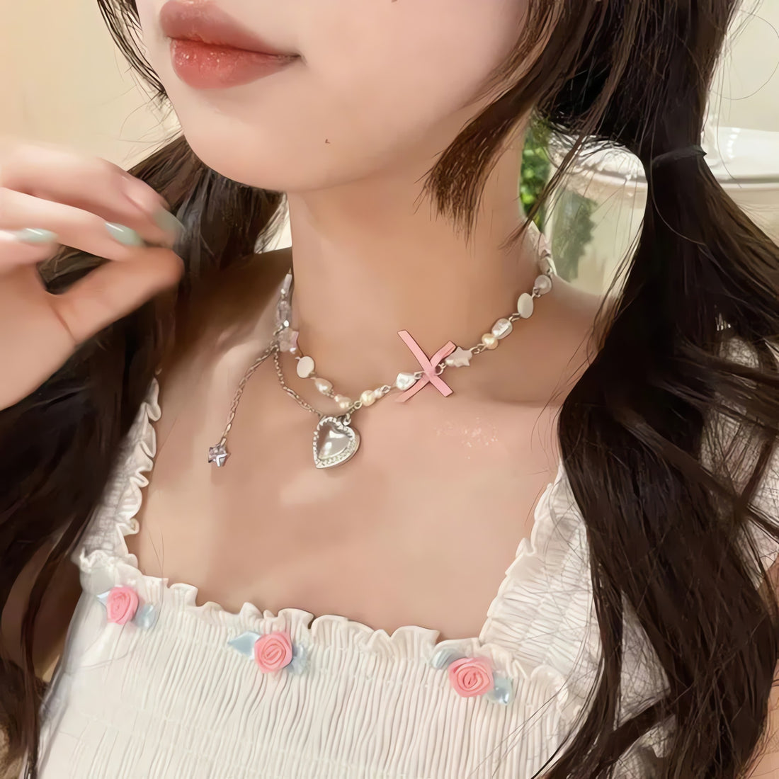 Coquette Heart Pearl Beaded Necklace - KAYSMAR