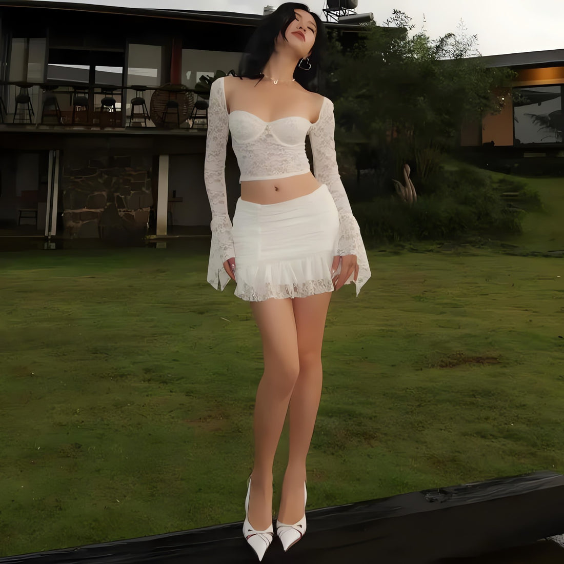 Coquette Lace Top & Ruched Mini Skirt Two Piece Set - KAYSMAR