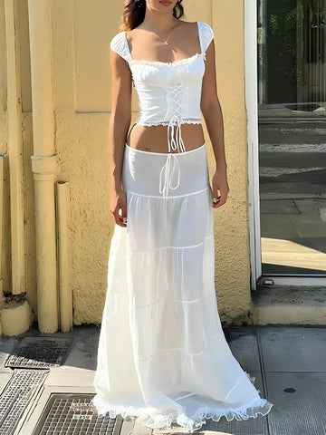 Coquette Lace Up Crop Top & Maxi Skirt Two Piece Set - KAYSMAR