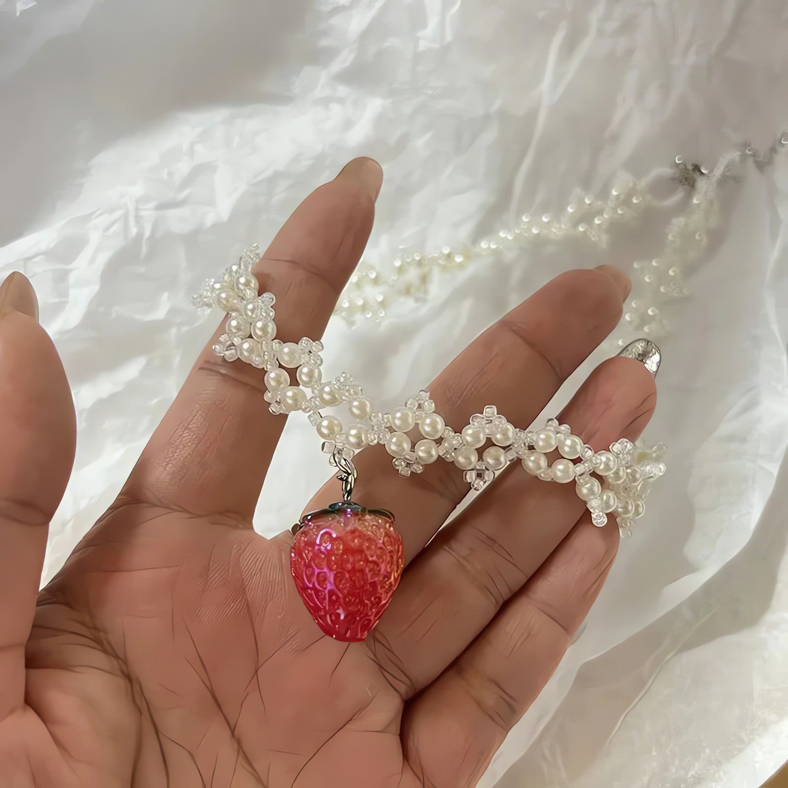 Coquette Strawberry Pearl Beaded Necklace - KAYSMAR