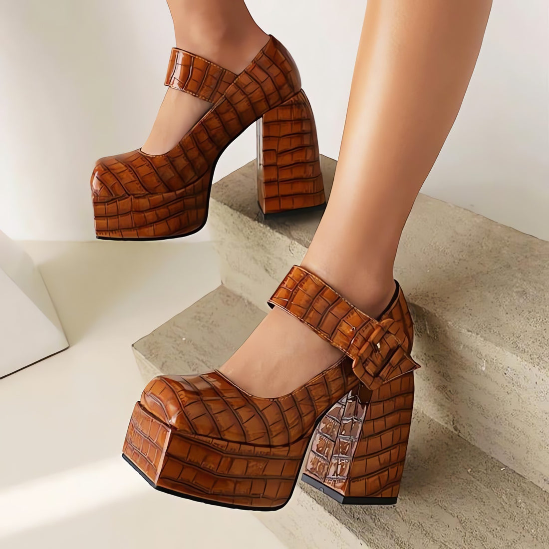 Crocodile Square Toe Platform High Heels - KAYSMAR