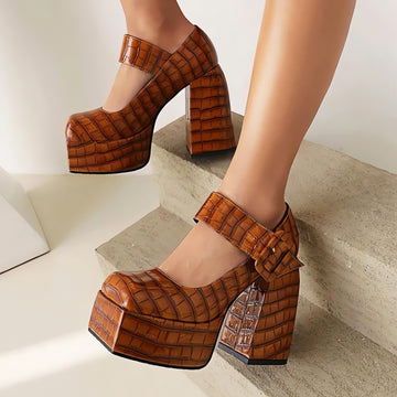 Crocodile Square Toe Platform High Heels - KAYSMAR