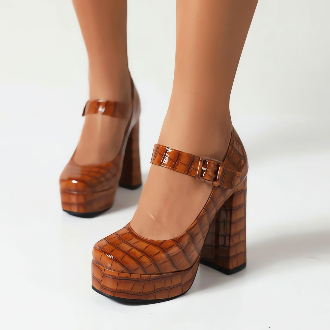 Crocodile Square Toe Platform High Heels - KAYSMAR