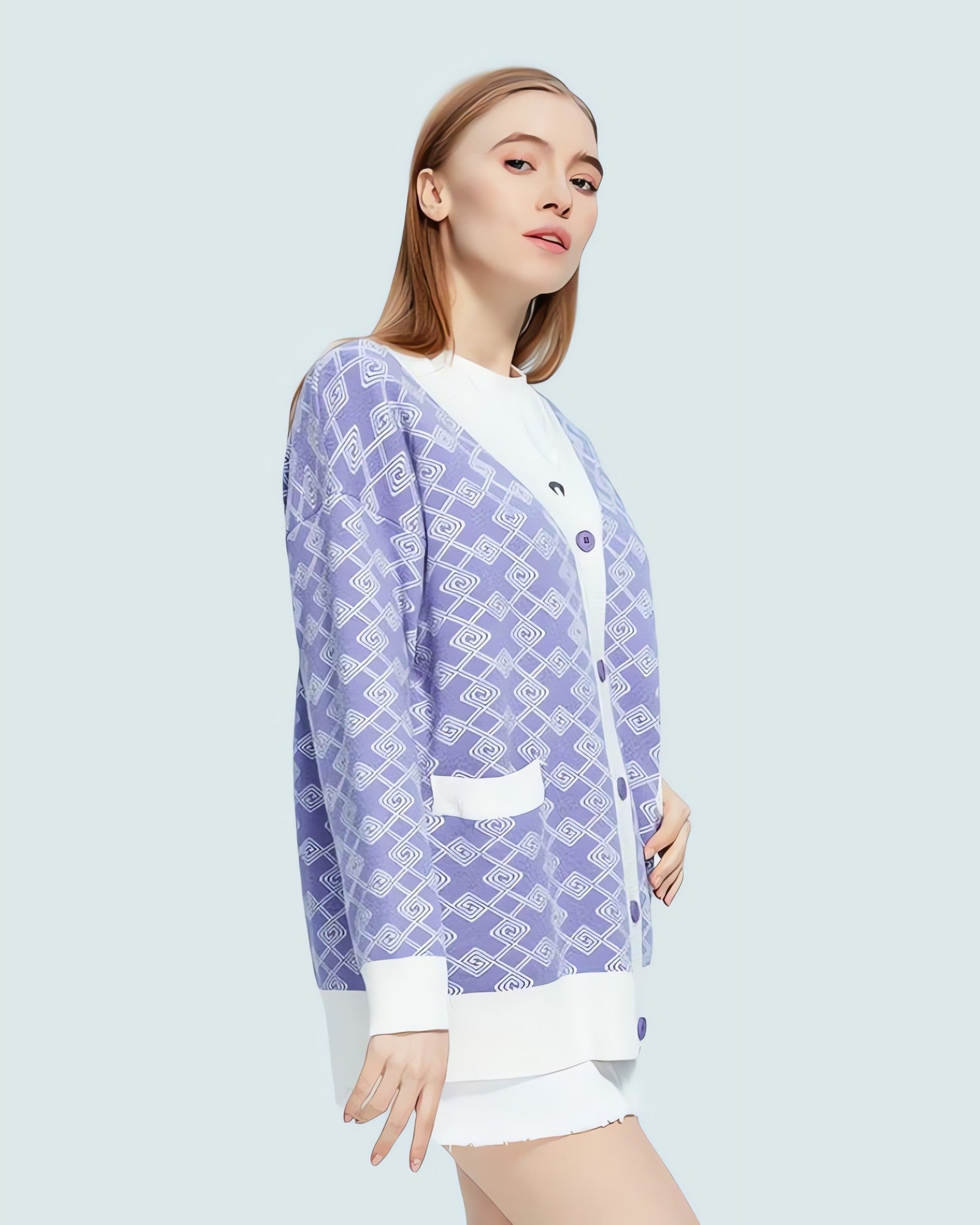Cross Pattern Buttoned Purple Cardigan - KAYSMAR