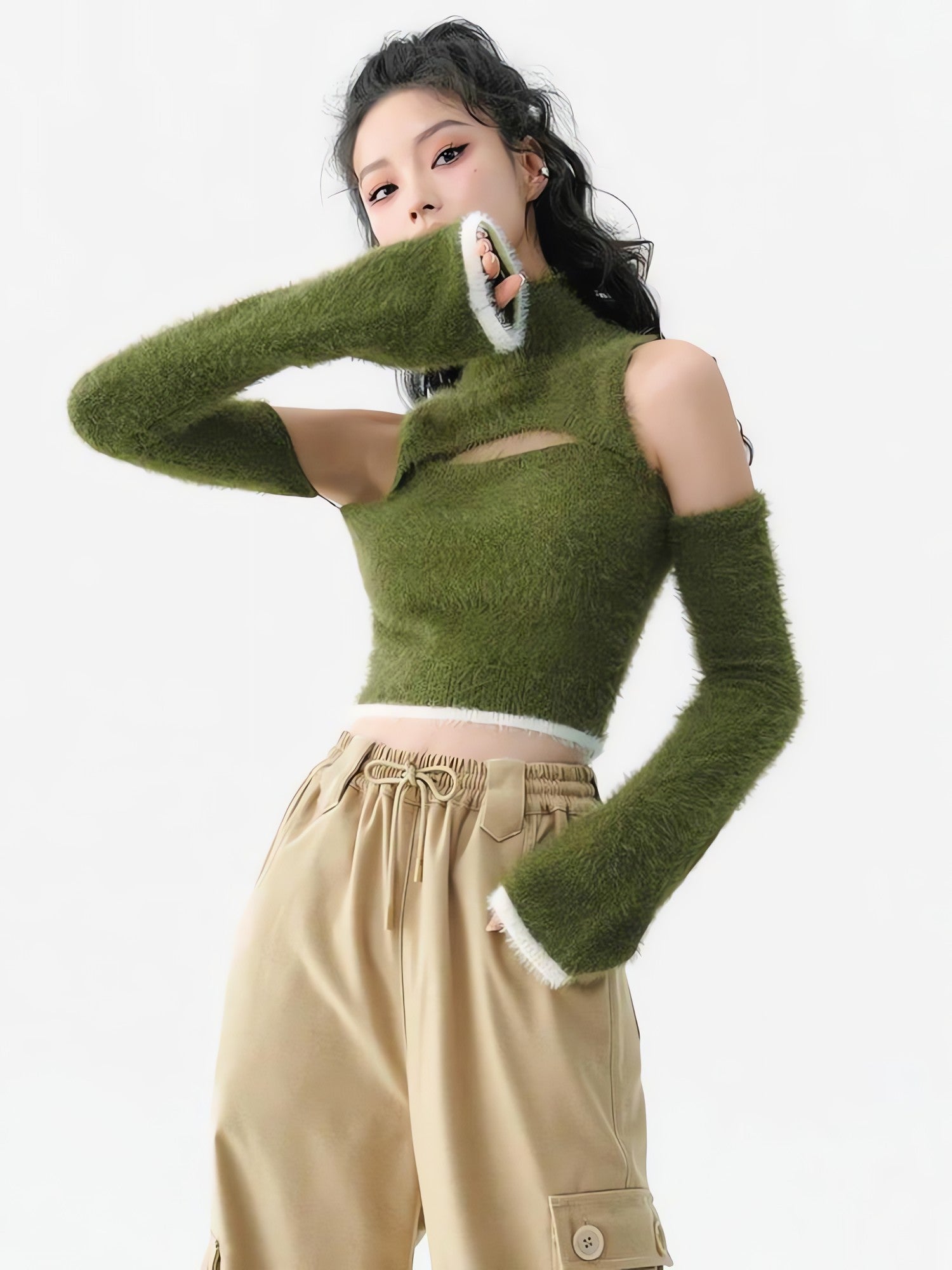 Cut Out Fluffy Crop Sweater Top - KAYSMAR