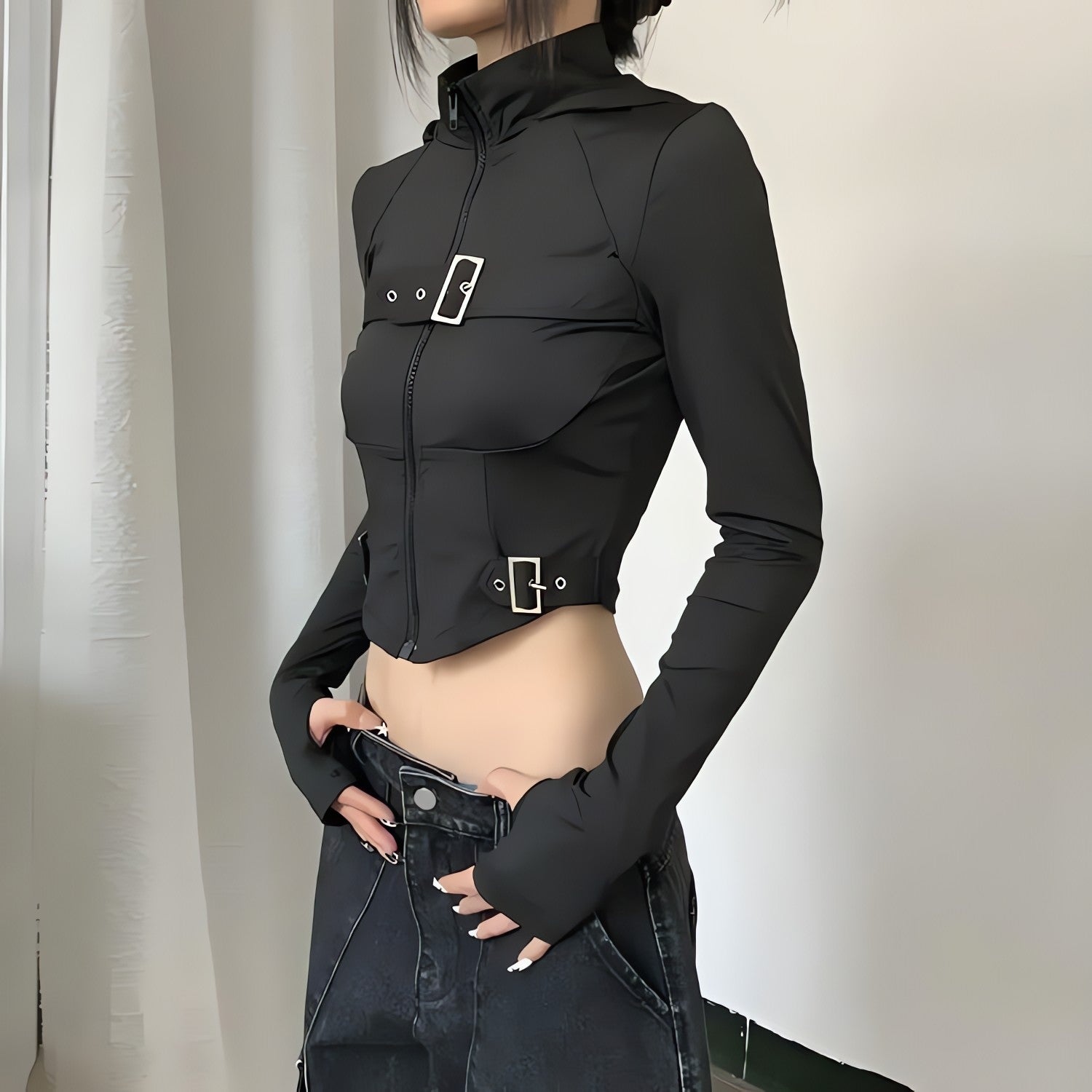 Cyberpunk Belted Zip-Up Crop Jacket - KAYSMAR