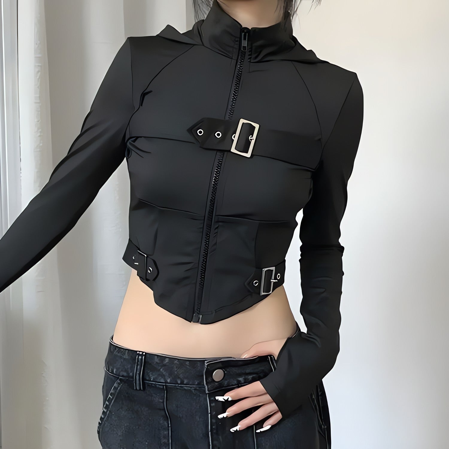 Cyberpunk Belted Zip-Up Crop Jacket - KAYSMAR