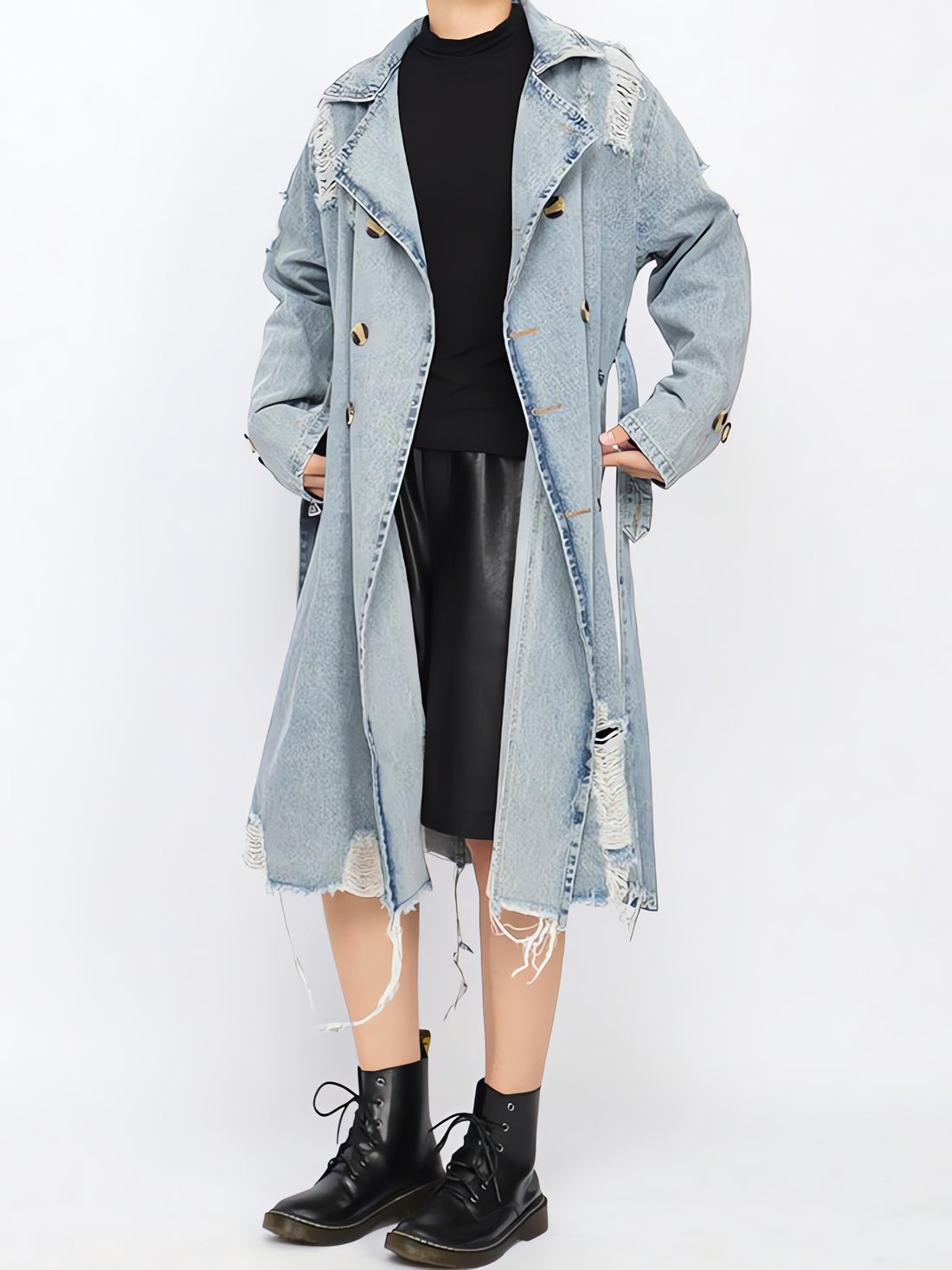 Distressed Denim Trench Coat - KAYSMAR