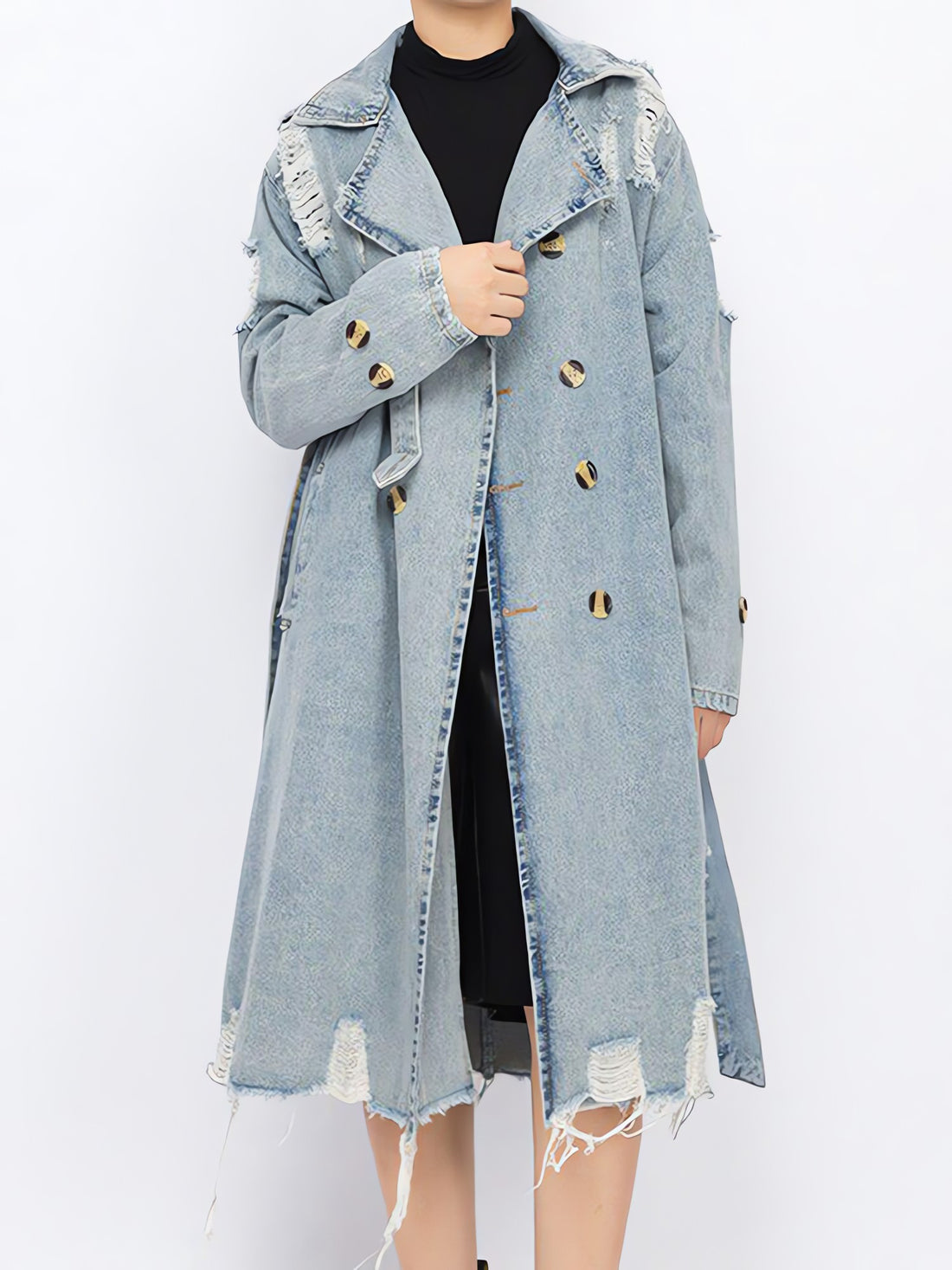 Distressed Denim Trench Coat - KAYSMAR