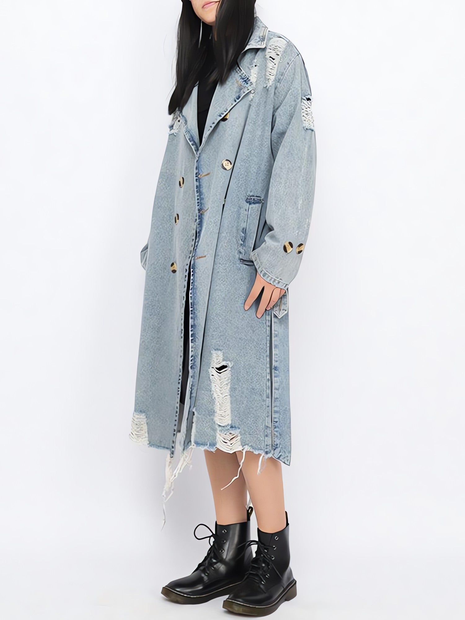 Distressed Denim Trench Coat - KAYSMAR