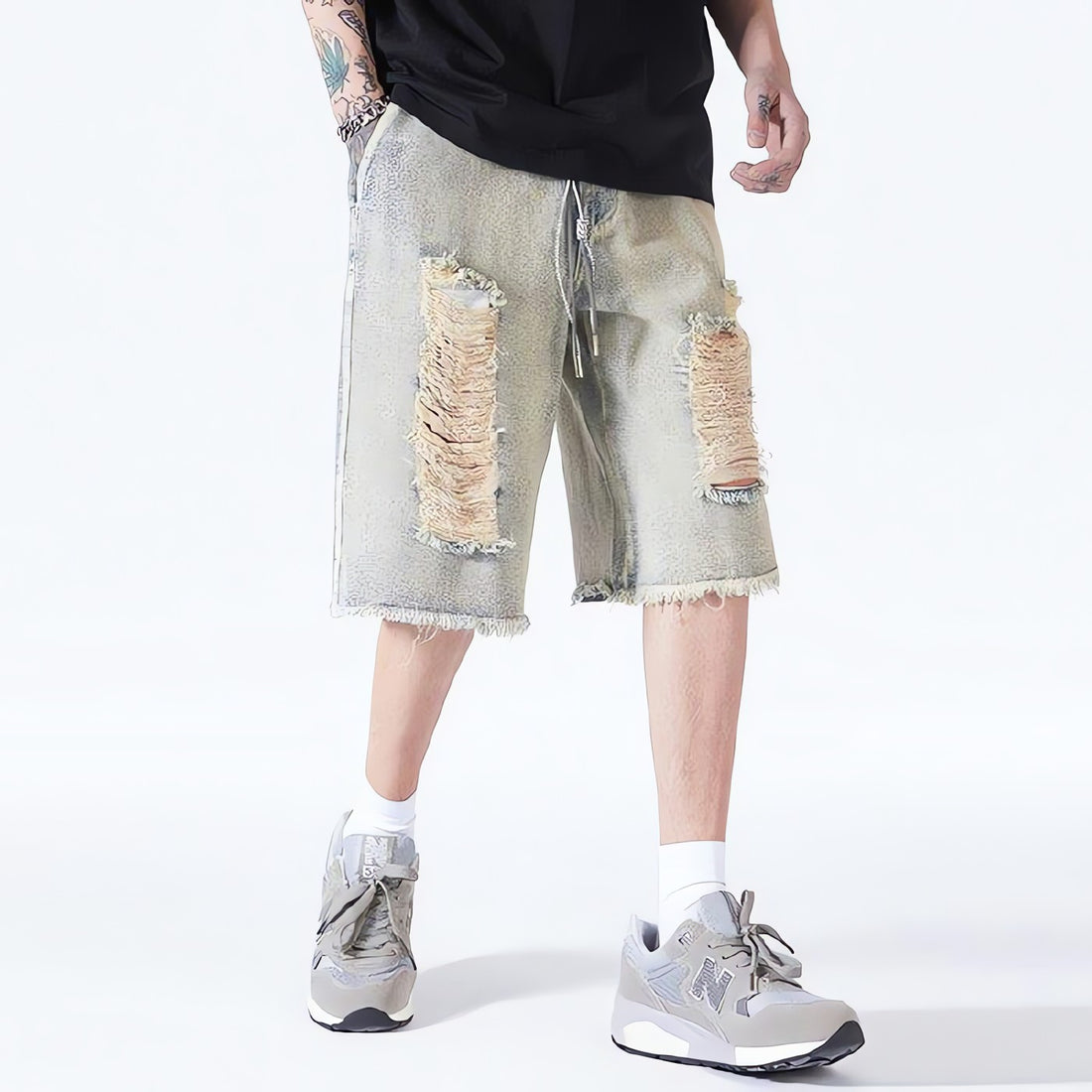 Distressed Light Wash Denim Shorts - KAYSMAR