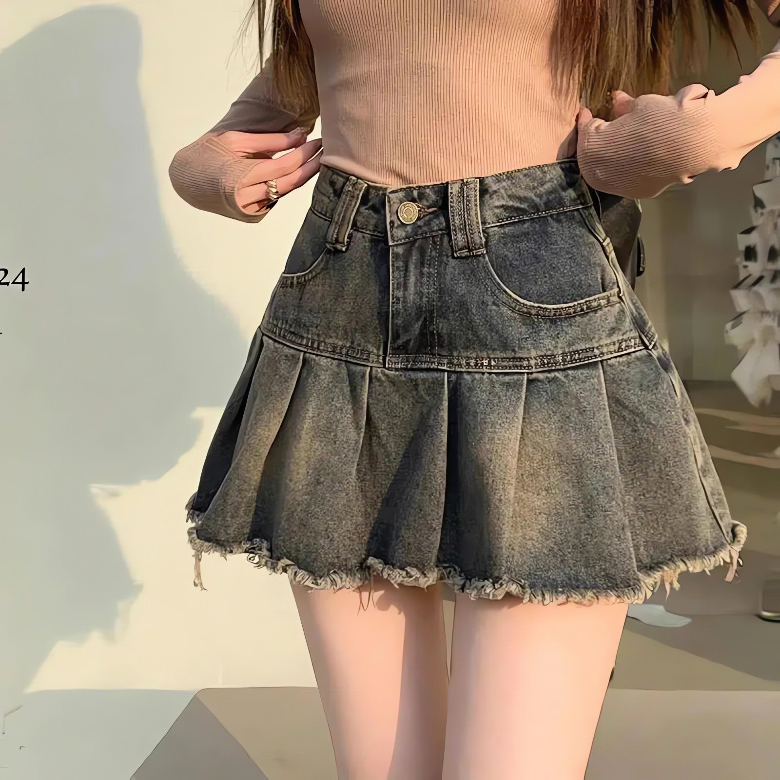 Distressed Pleated Denim Mini Skirt - KAYSMAR