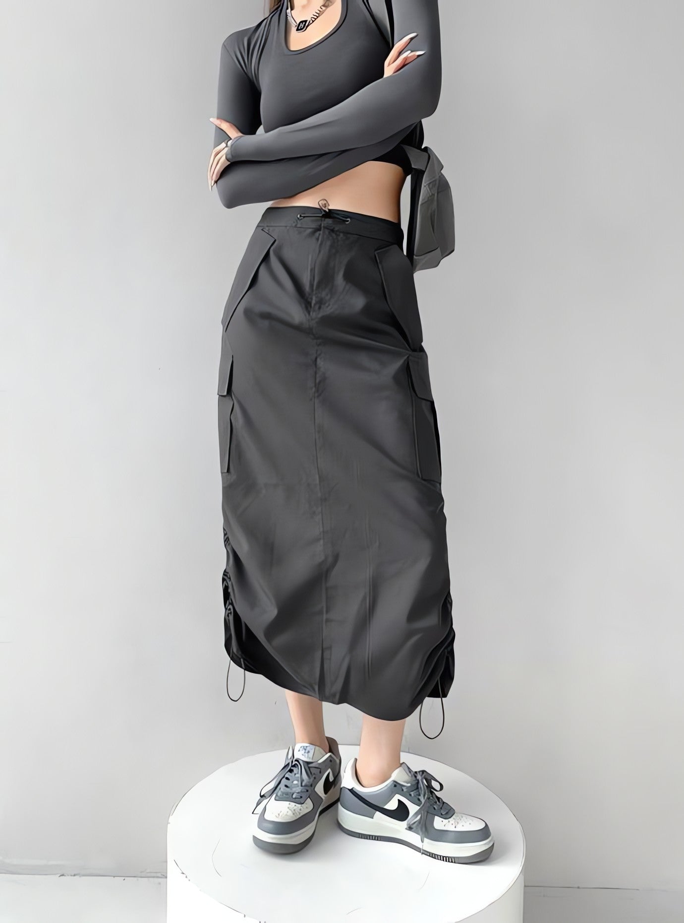 Drawstring Parachute Midi Skirt - KAYSMAR