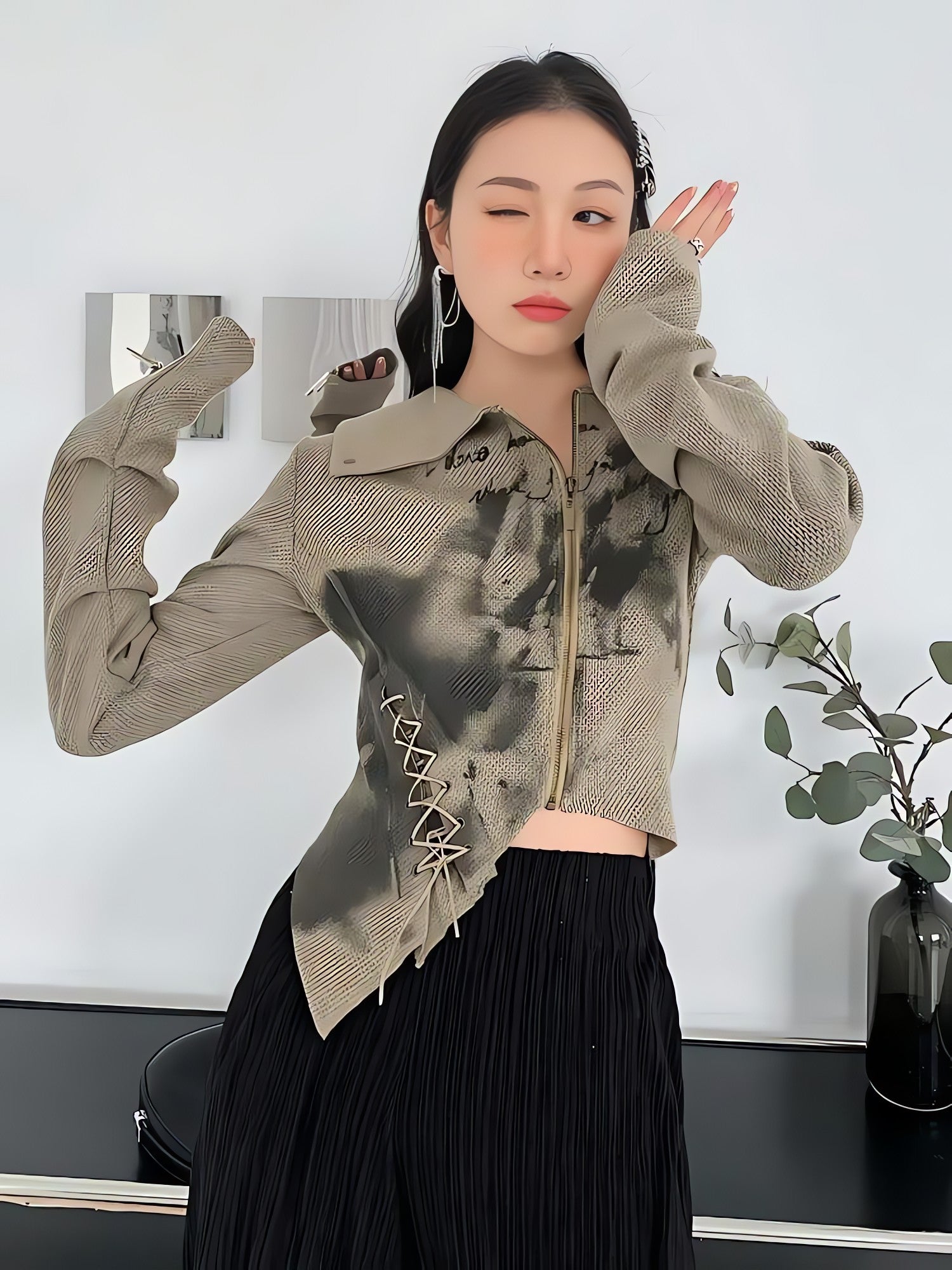 Fairy Grunge Lace Up Asymmetric Cardigan - KAYSMAR