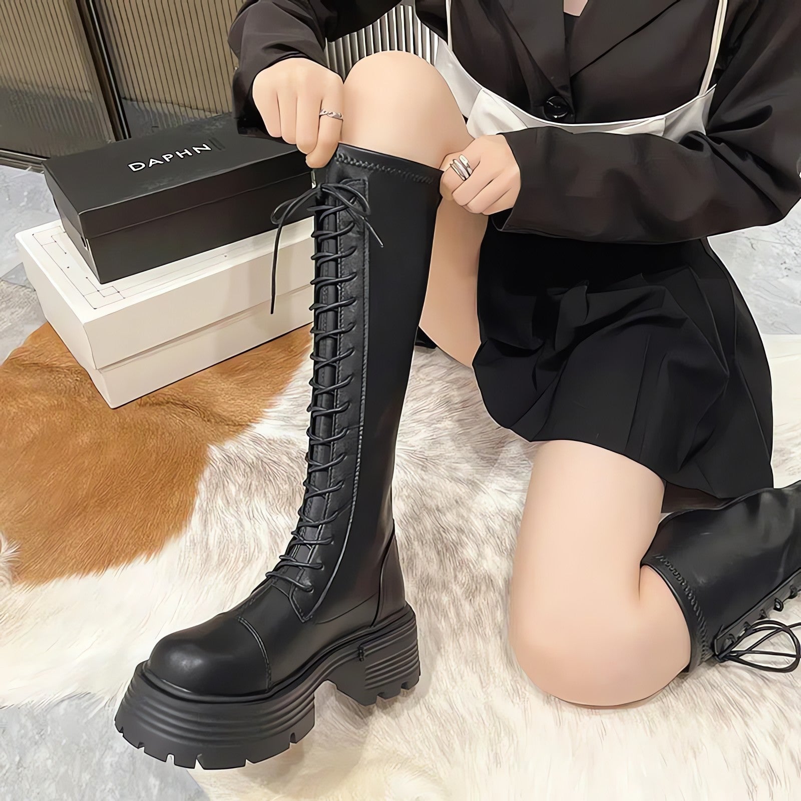 Faux Leather Knee High Lace Up Boots - KAYSMAR