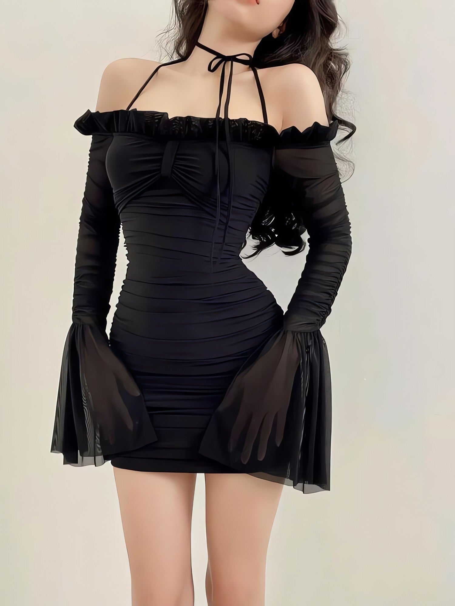 Flare Cuffs Off Shoulder Mesh Mini Dress - KAYSMAR