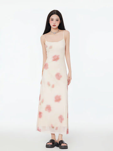 Floral Mesh Spaghetti Strap Maxi Dress - KAYSMAR