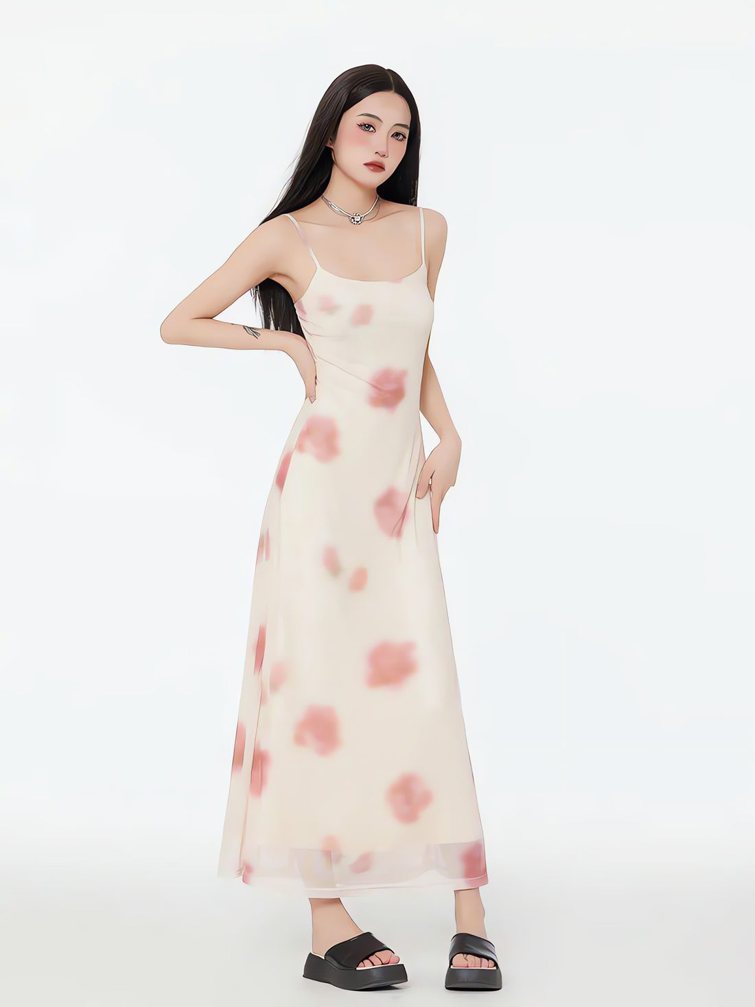 Floral Mesh Spaghetti Strap Maxi Dress - KAYSMAR