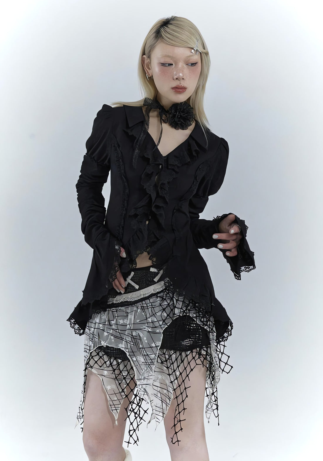 Goth Asymmetric Ruched Sleeve Blouse - KAYSMAR