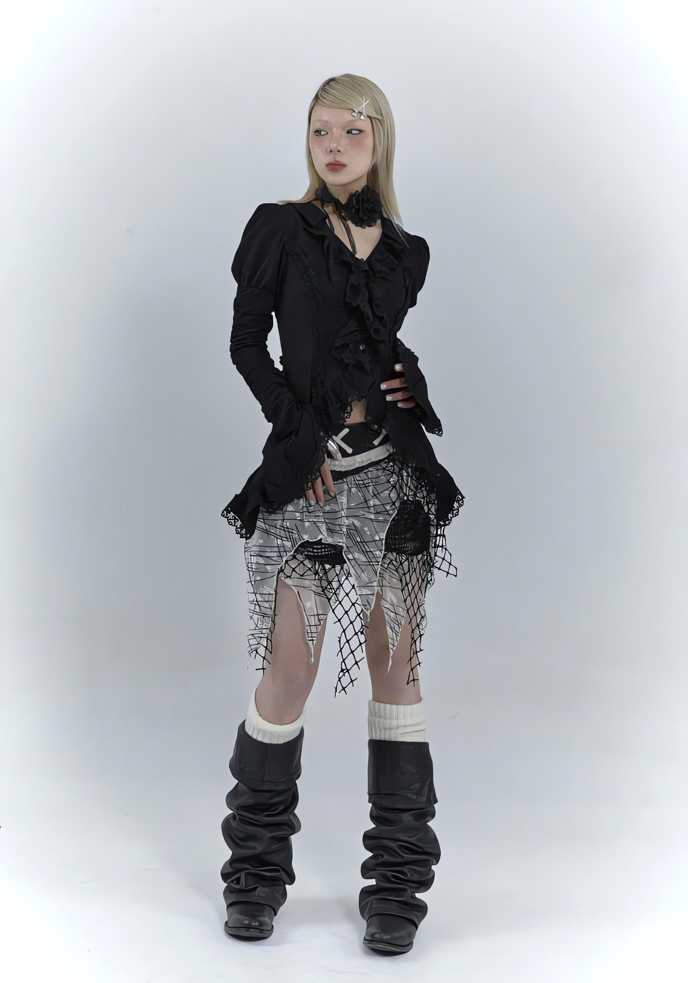 Goth Asymmetric Ruched Sleeve Blouse - KAYSMAR