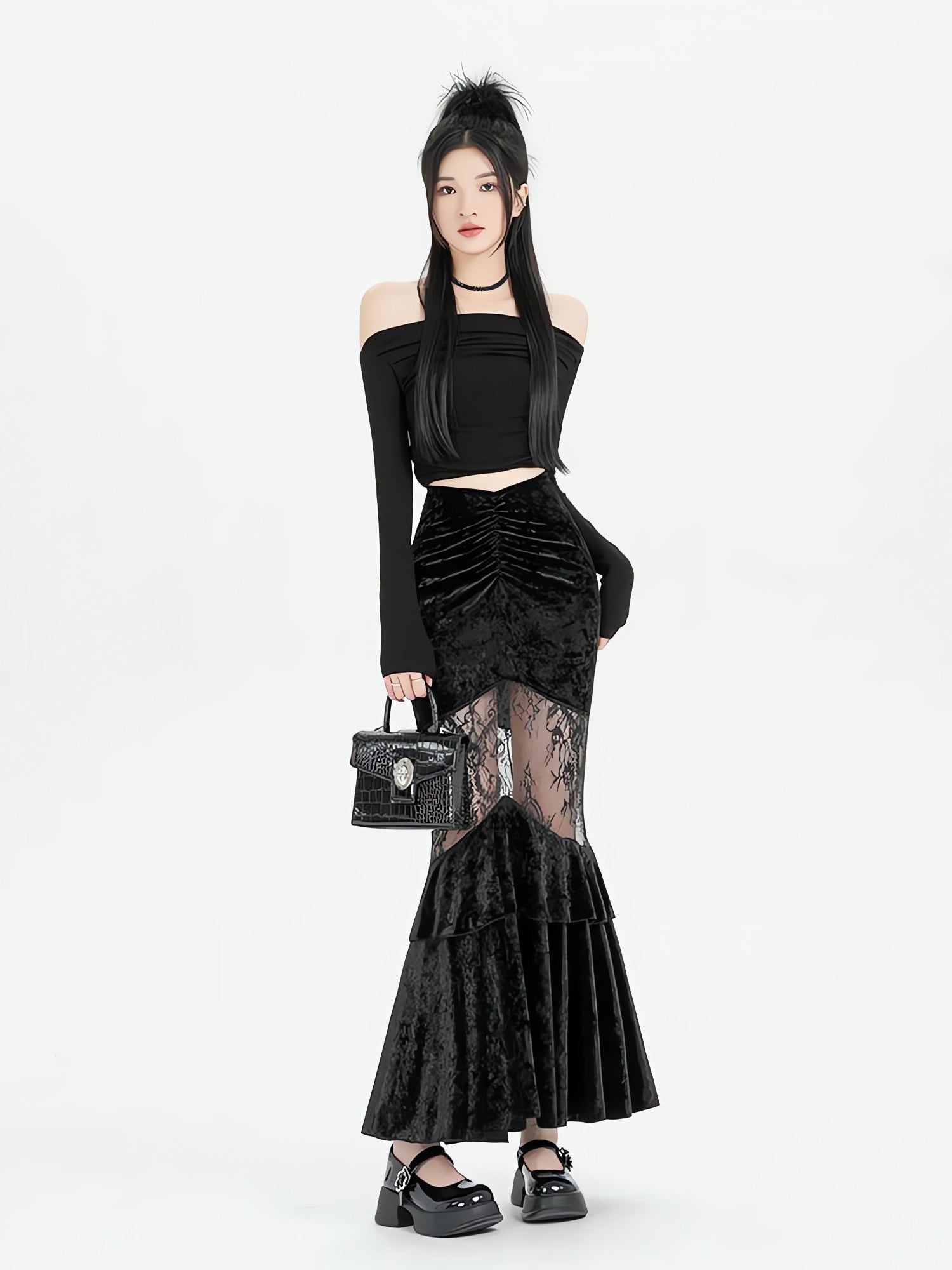 Goth Velvet Lace Maxi Skirt
