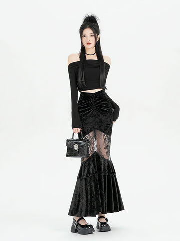 Goth Velvet Lace Maxi Skirt
