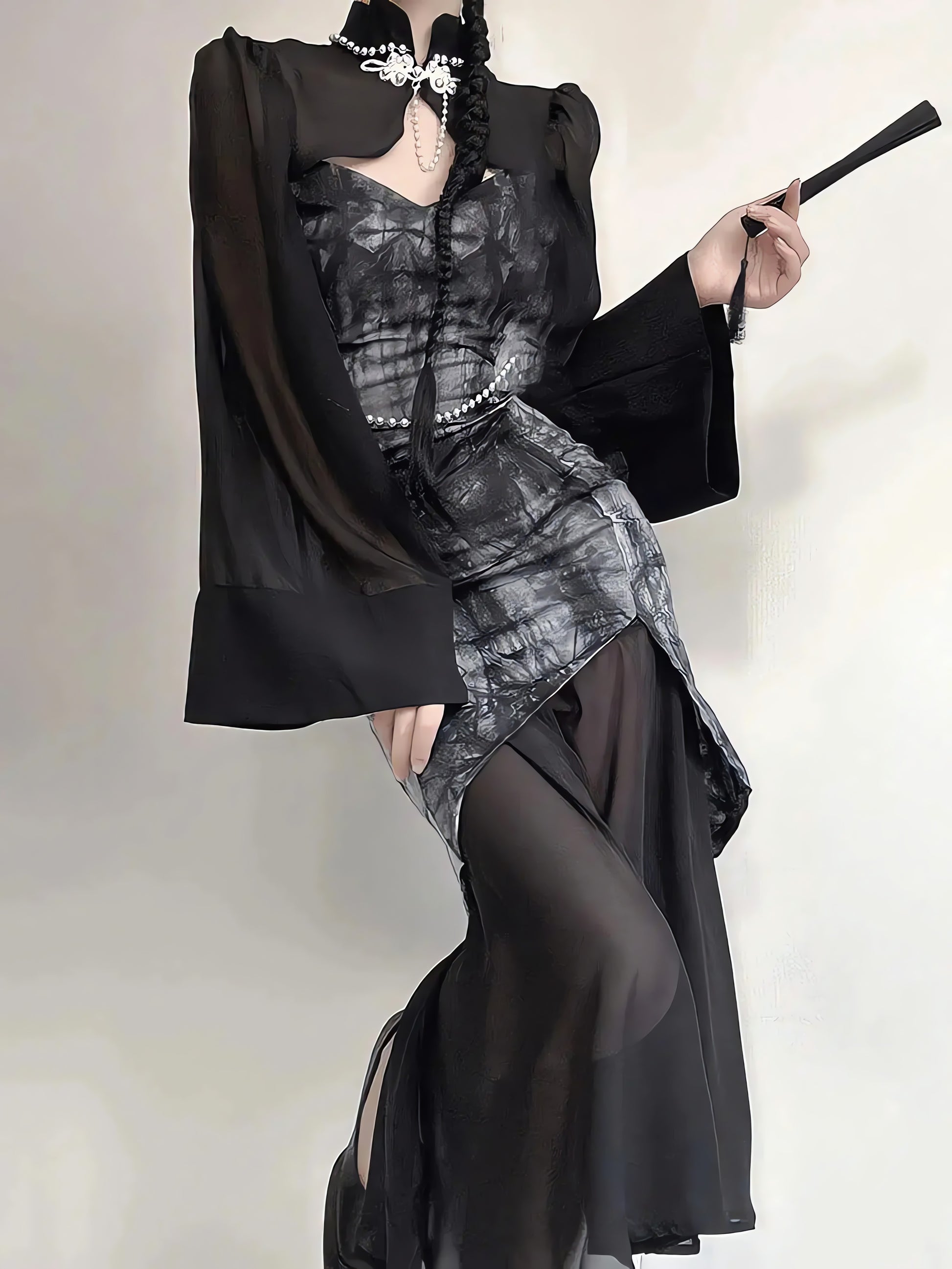 Goth Wide Sleeve Qipao Midi Dress - KAYSMAR