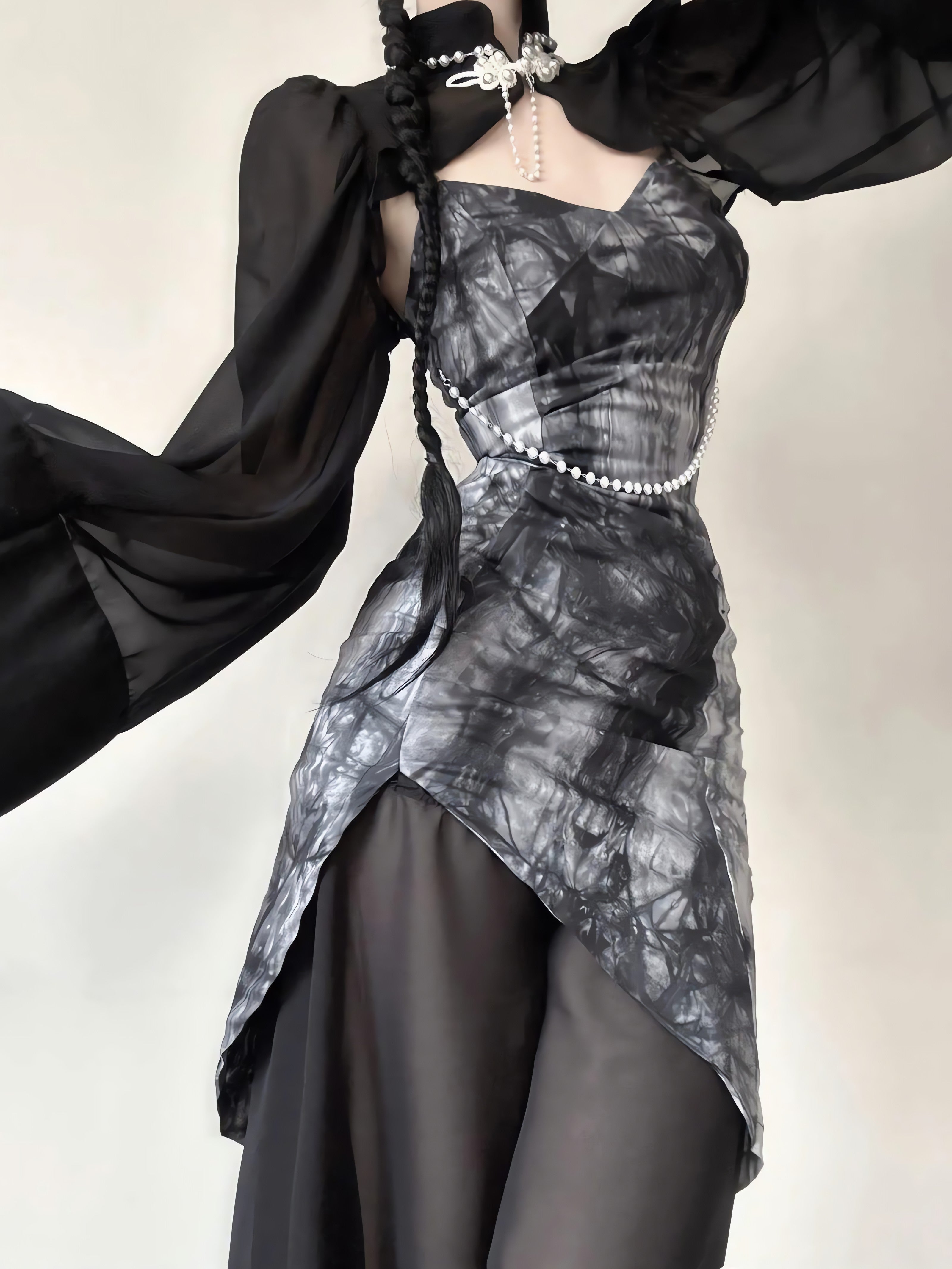 Goth Wide Sleeve Qipao Midi Dress - KAYSMAR
