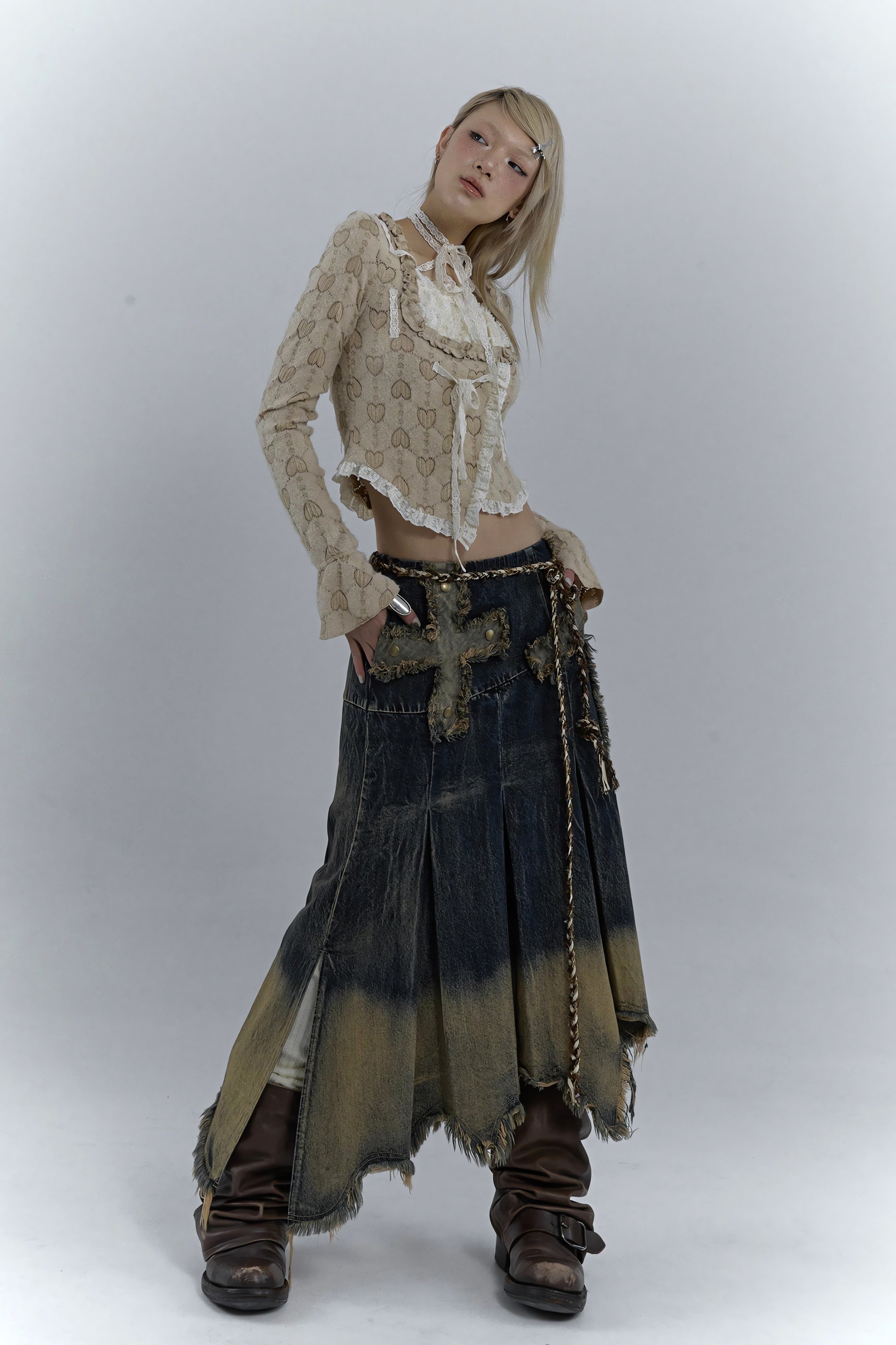 Grunge Cross Patch Pleated Maxi Skirt - KAYSMAR