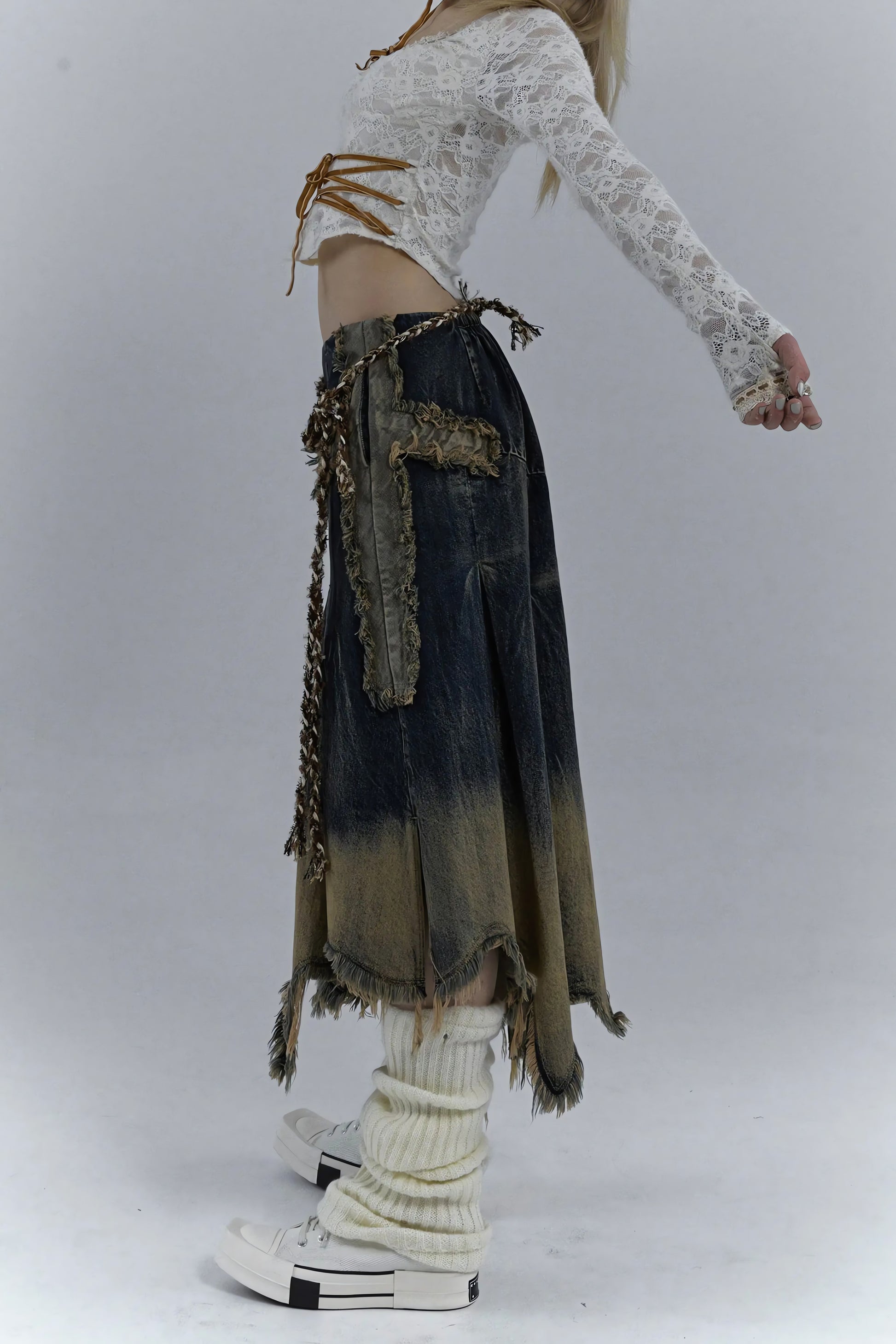 Grunge Cross Patch Pleated Maxi Skirt - KAYSMAR