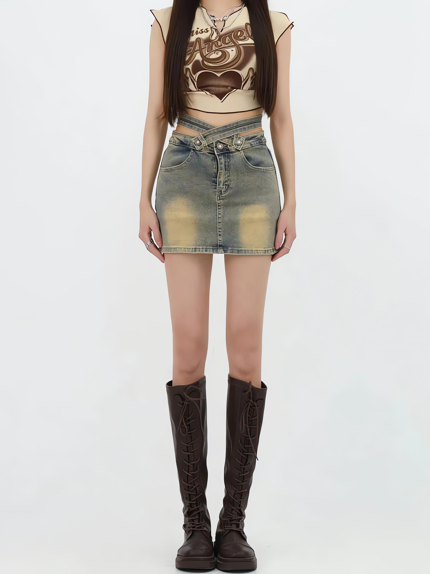 Grunge Denim Cross Belt Mini Skort - KAYSMAR
