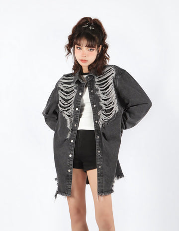 Grunge Distressed Long Denim Jacket - KAYSMAR