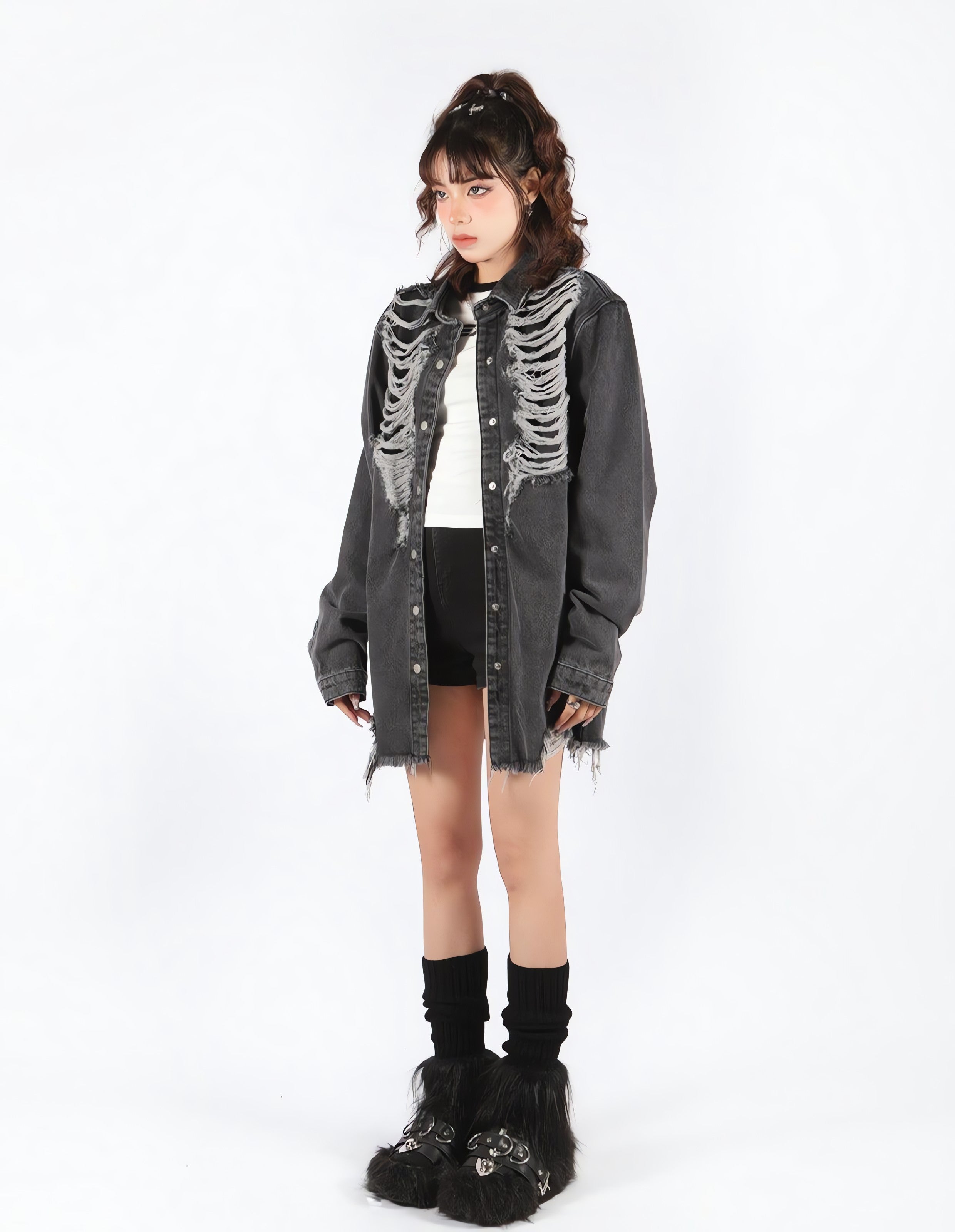 Grunge Distressed Long Denim Jacket - KAYSMAR