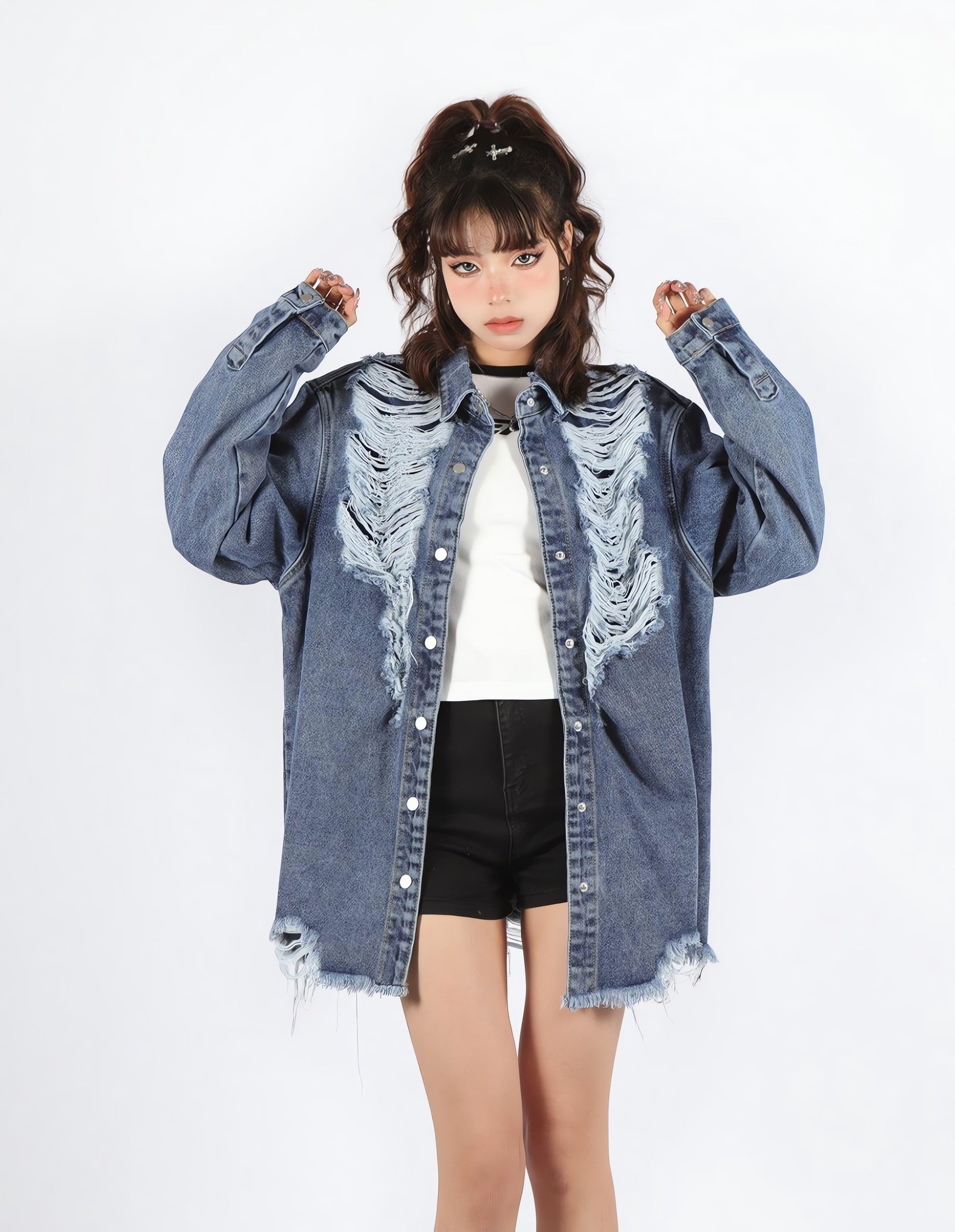 Grunge Distressed Long Denim Jacket - KAYSMAR