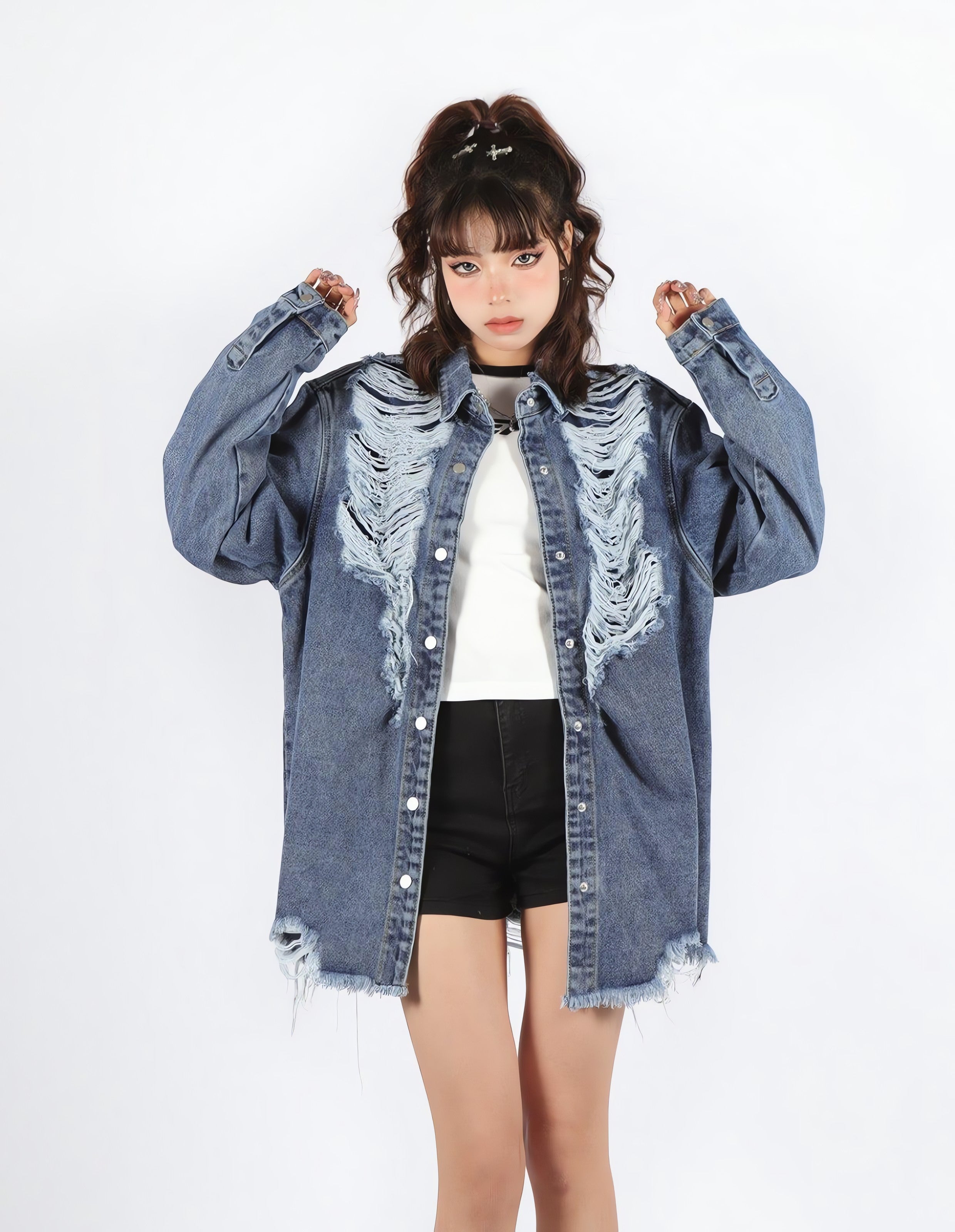 Grunge Distressed Long Denim Jacket - KAYSMAR