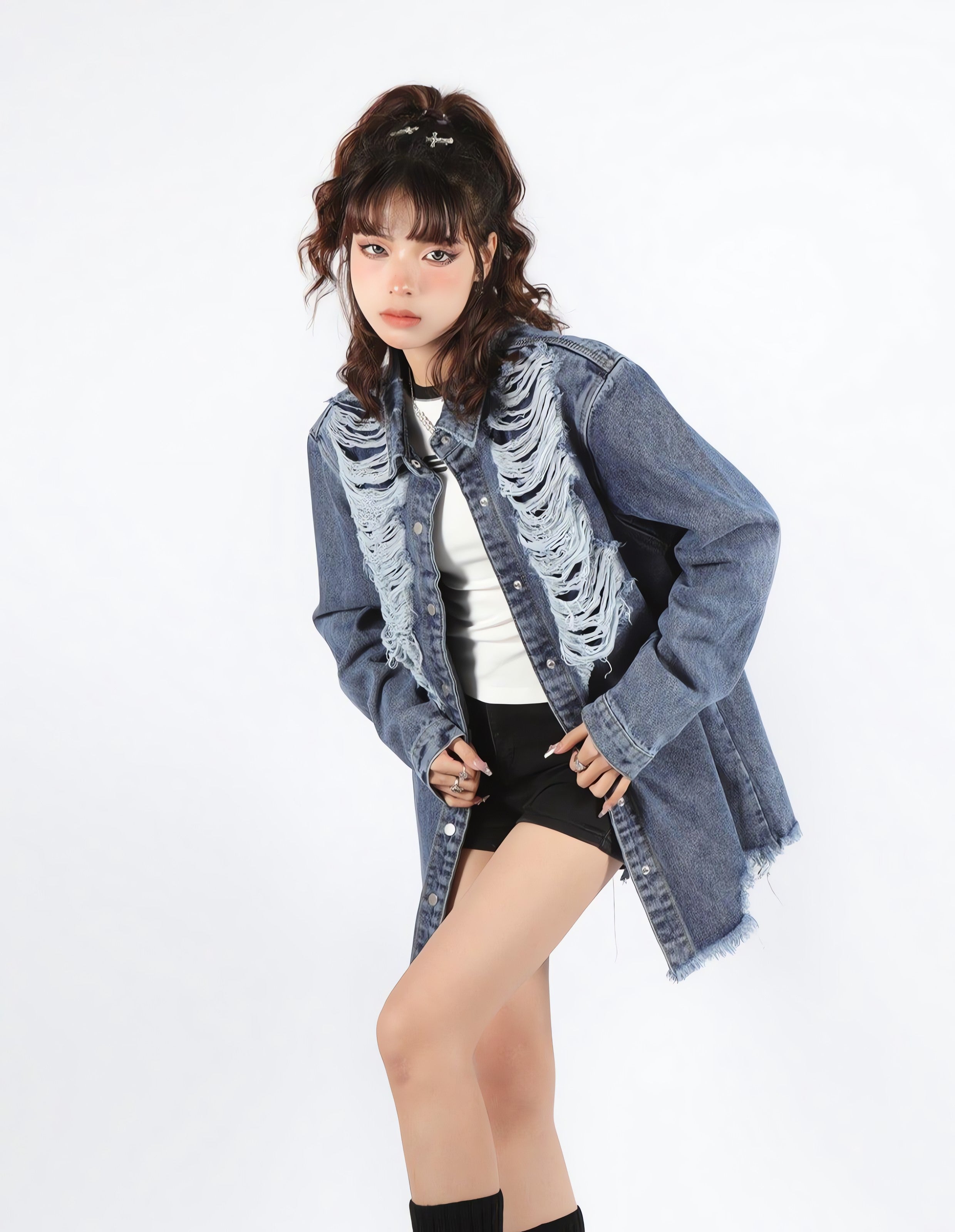 Grunge Distressed Long Denim Jacket - KAYSMAR