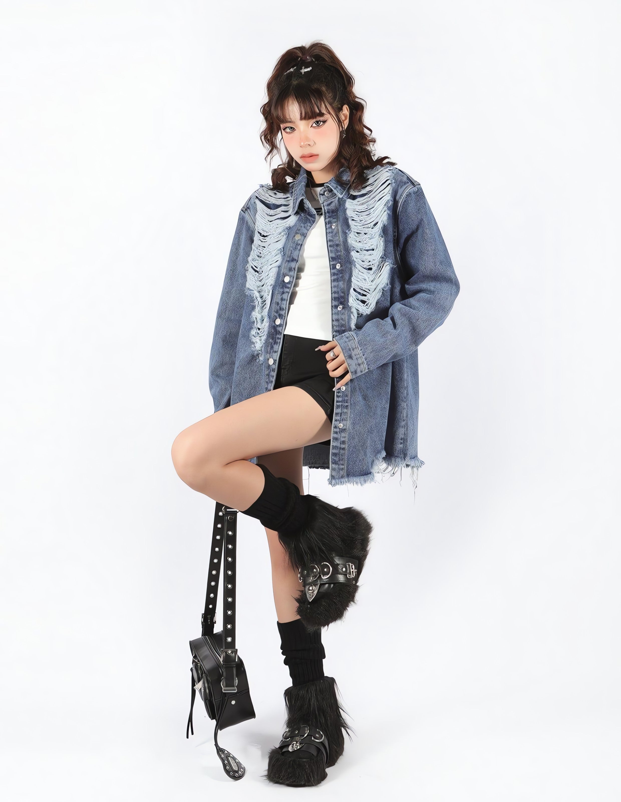 Grunge Distressed Long Denim Jacket - KAYSMAR