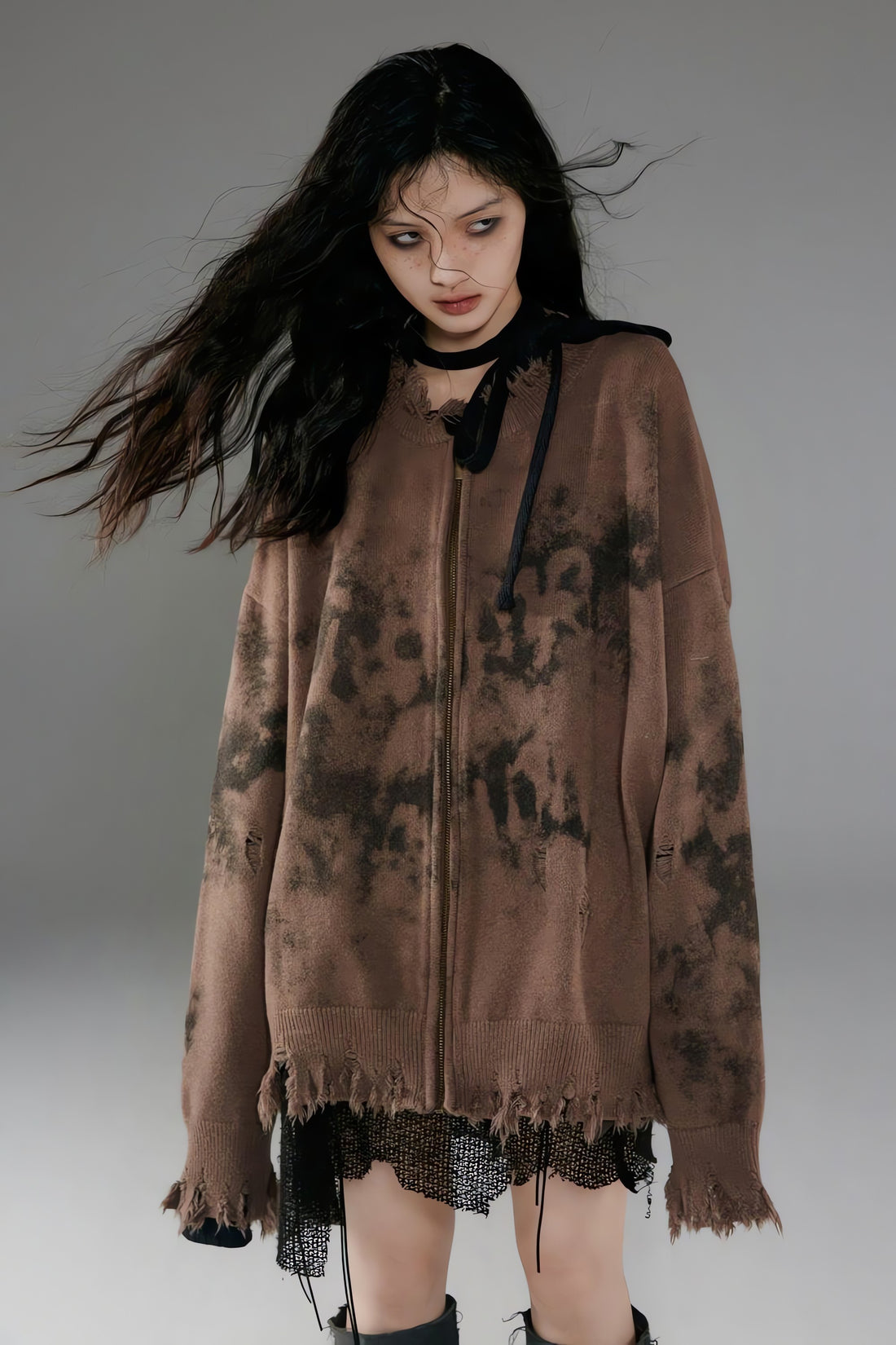 Grunge Extra Distressed Zip-Up Cardigan - KAYSMAR